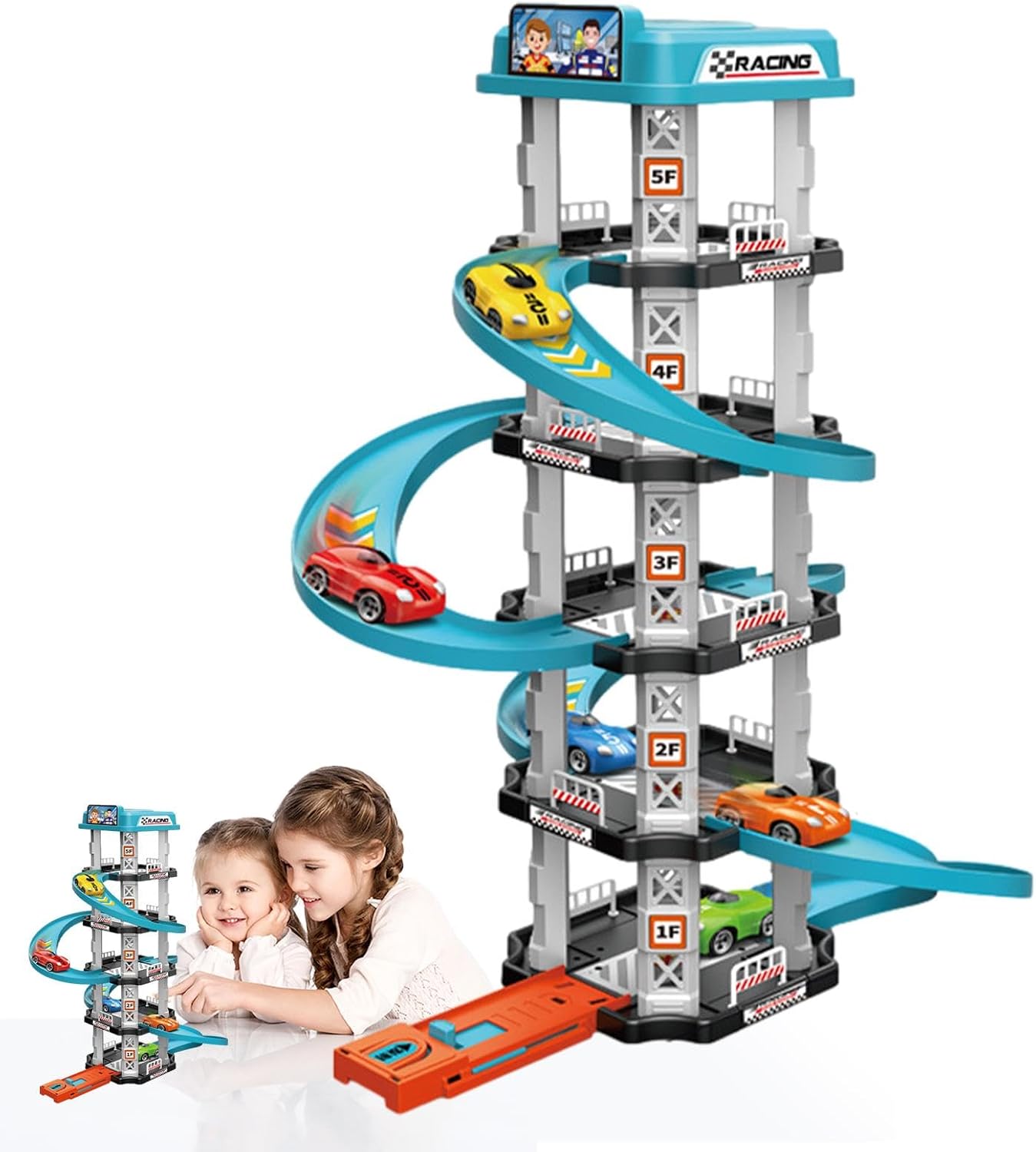 Kids Pretend Play Car Parking Lot Set, Tower Garage Race Track, Multi Storey Large Parking Lot with Street Loop