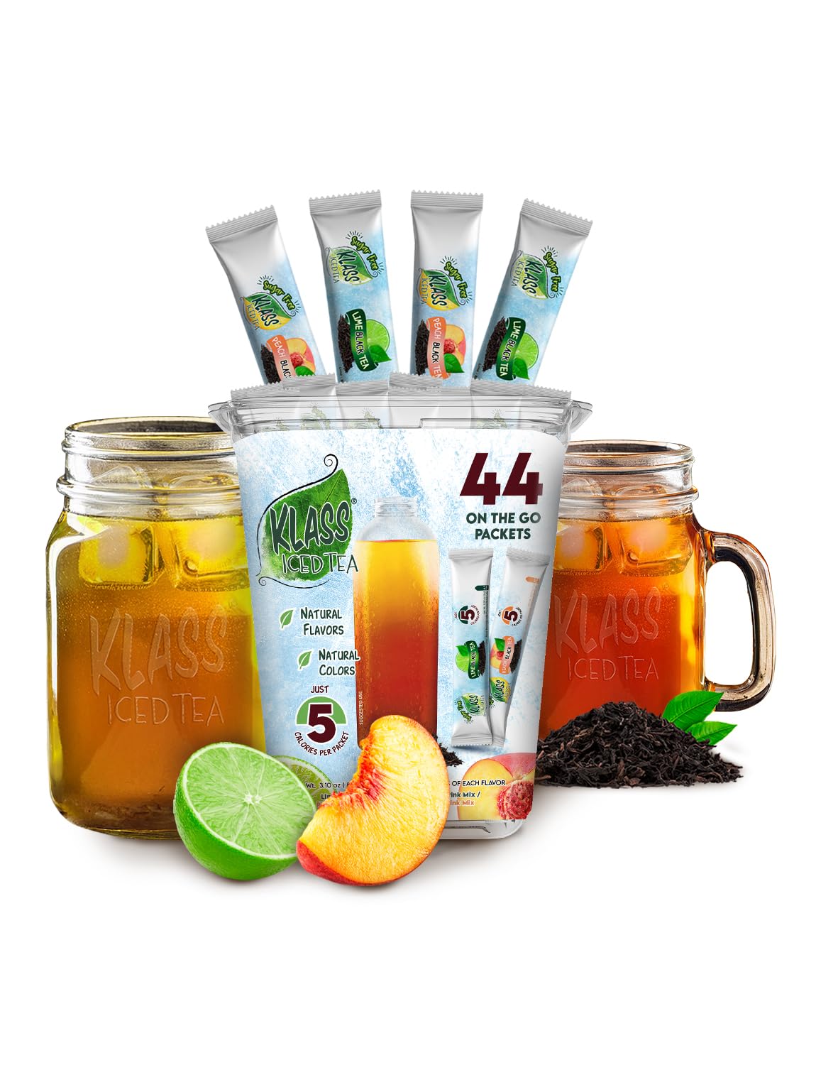 Klass Iced Tea Drink Mix - Sugar Free Variety Pack - Peach & Lime Black Tea On-The-Go! (44 Count Powder Stick Packs) 5 Calories Per Packet