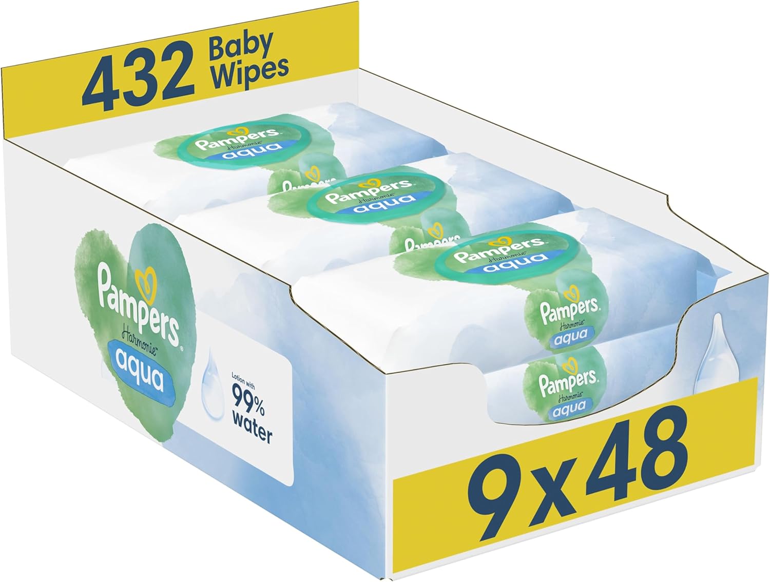 Pampers Harmonie Aqua Baby Wipes 9 Packs of 48 Wipes = 432 Baby Wet Wipes, Help restore natural skin pH,delicate lotion with 99% water