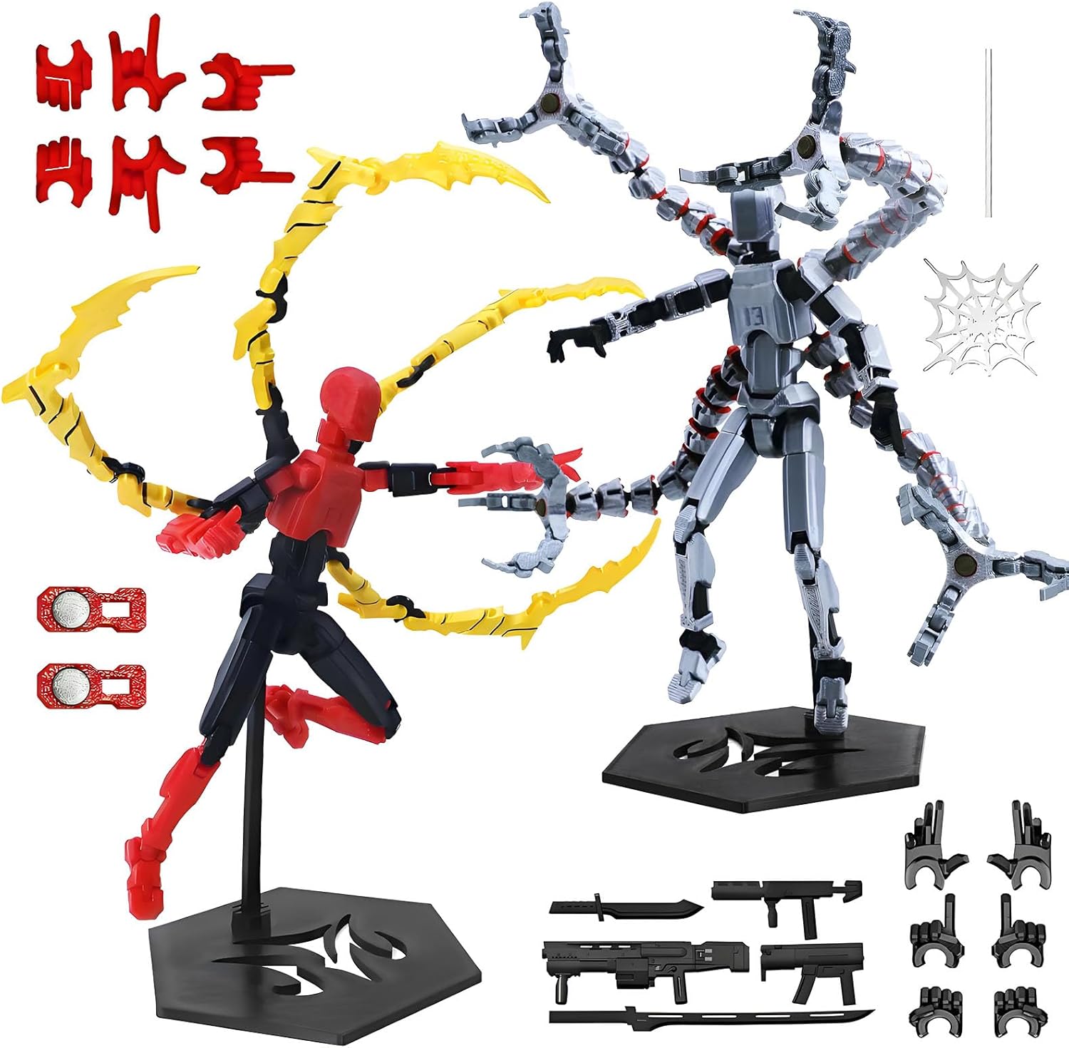 shirylzee 2Pcs T13 Action Figure Set, 3D Printed Dummy T13 Octopus Doctor Toy Spider M Toy, Multi-Jointed Movable Robot, Action Figures Desktop Decoration Gift for Game Lovers (Silver Red)
