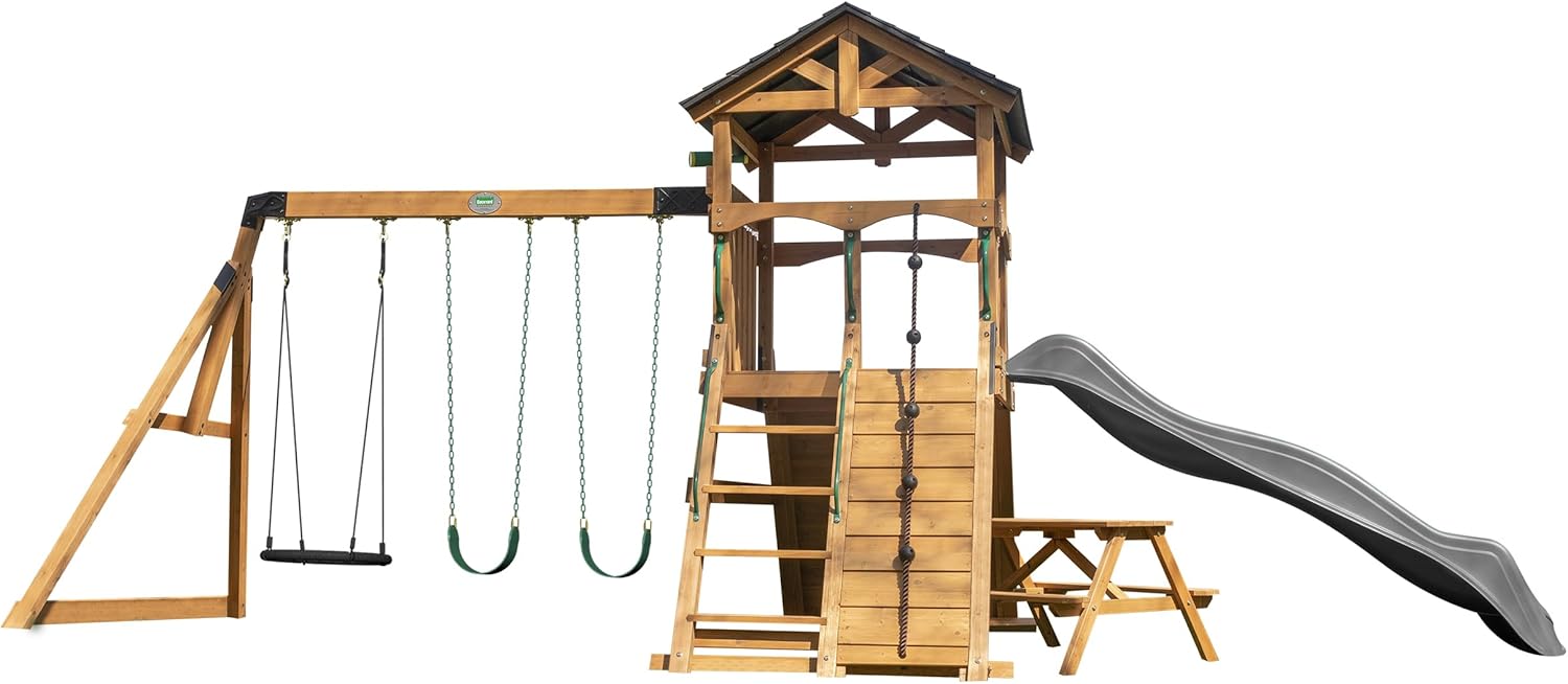 Backyard Discovery Endeavor II Cedar Wood Swing Set with Wave Slide, Play Deck, Double Rock Wall, Picnic Table, Climbing Wall, Belt Swings, Web Swing, Toy Telescope, Step Ladder, Outdoor Playset