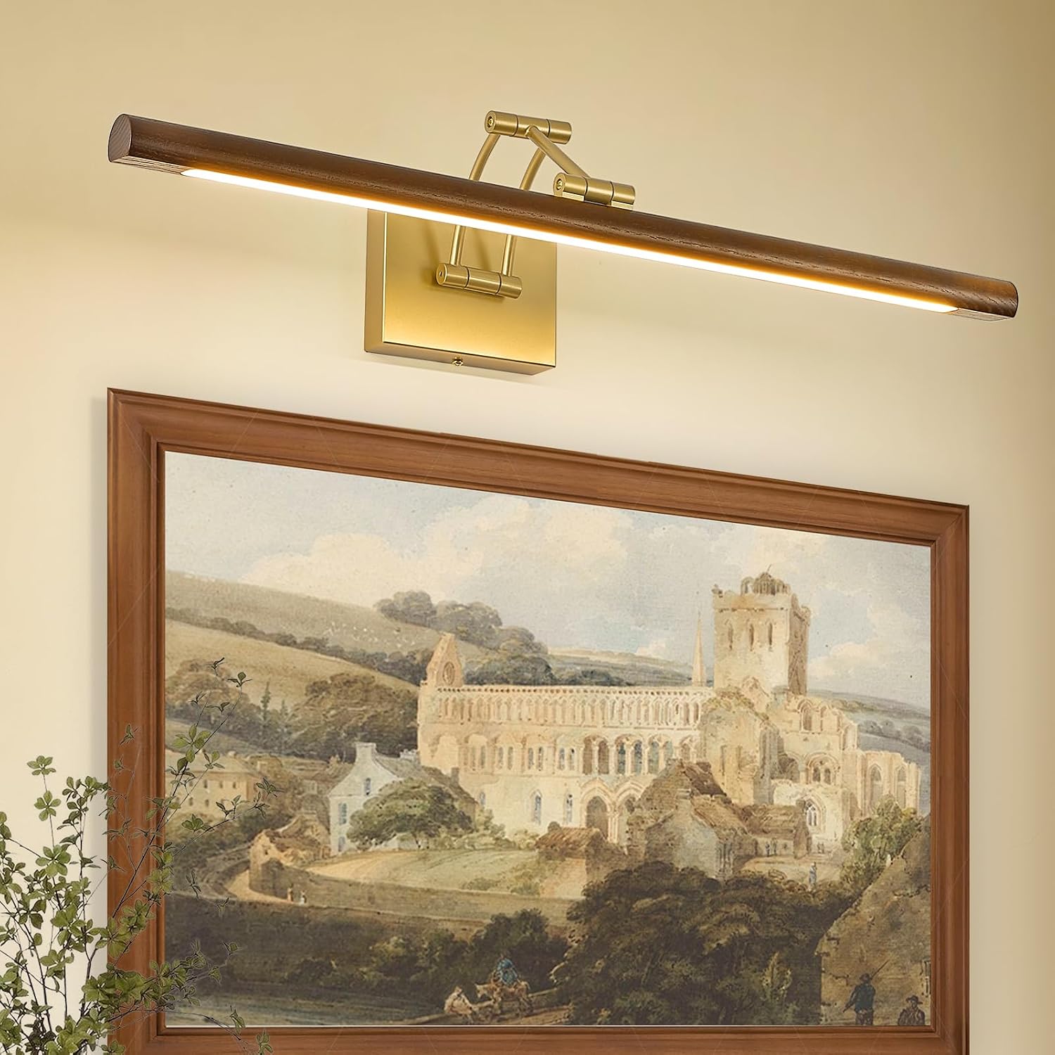 VitaLink Picture Lights for Wall, Hardwired 27.5" Long Gold Wall Picture Artwork Paintings Display Lighting Swing Arms Wooden Wall Lamp Bathroom Vanity Light Dimmable 5CCT