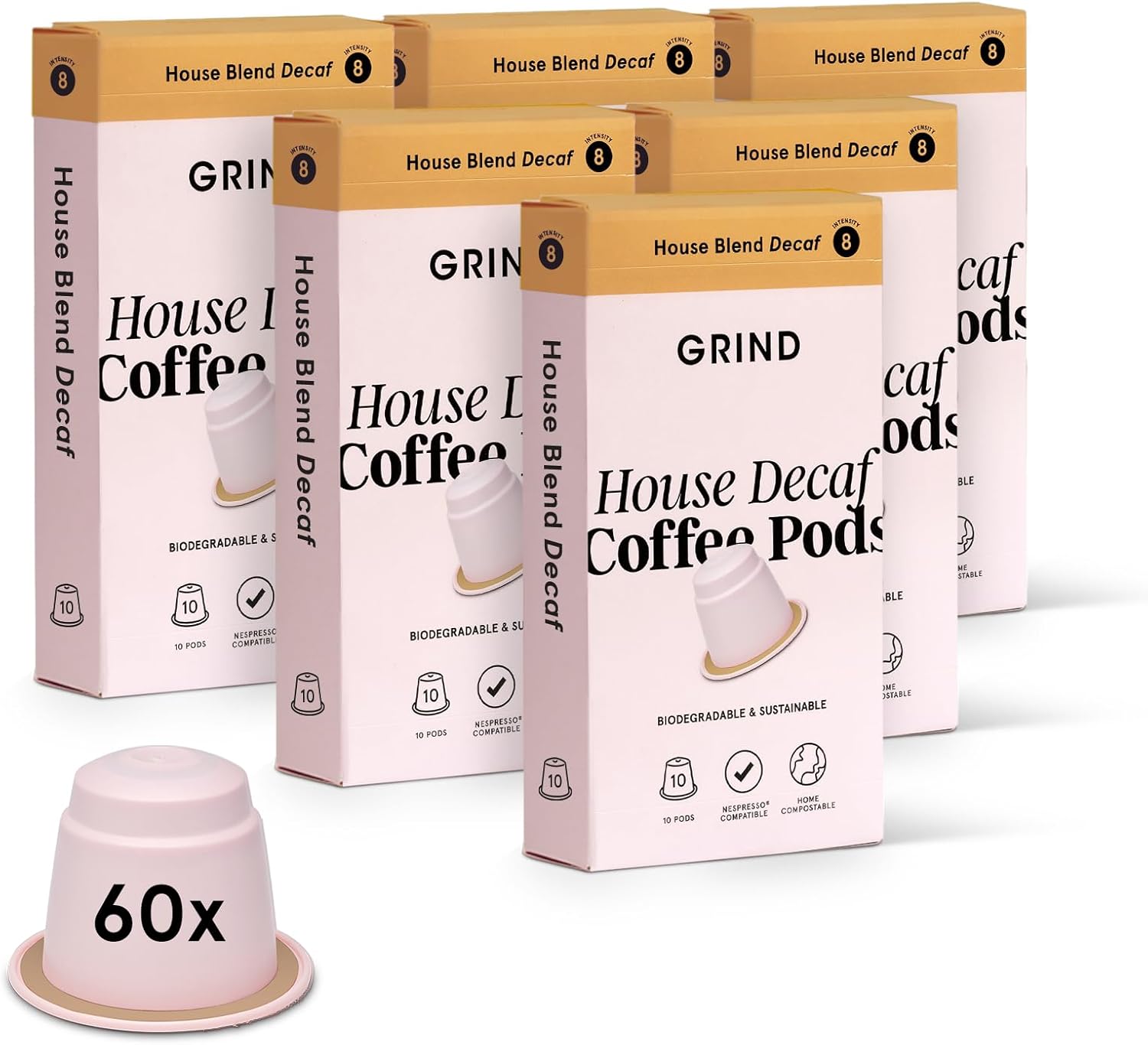 Grind Decaf House Blend Arabica Coffee Pods – Pack of 60 – Nespresso® Original Compatible Capsules – Home Compostable – Barista Quality – Medium Roast