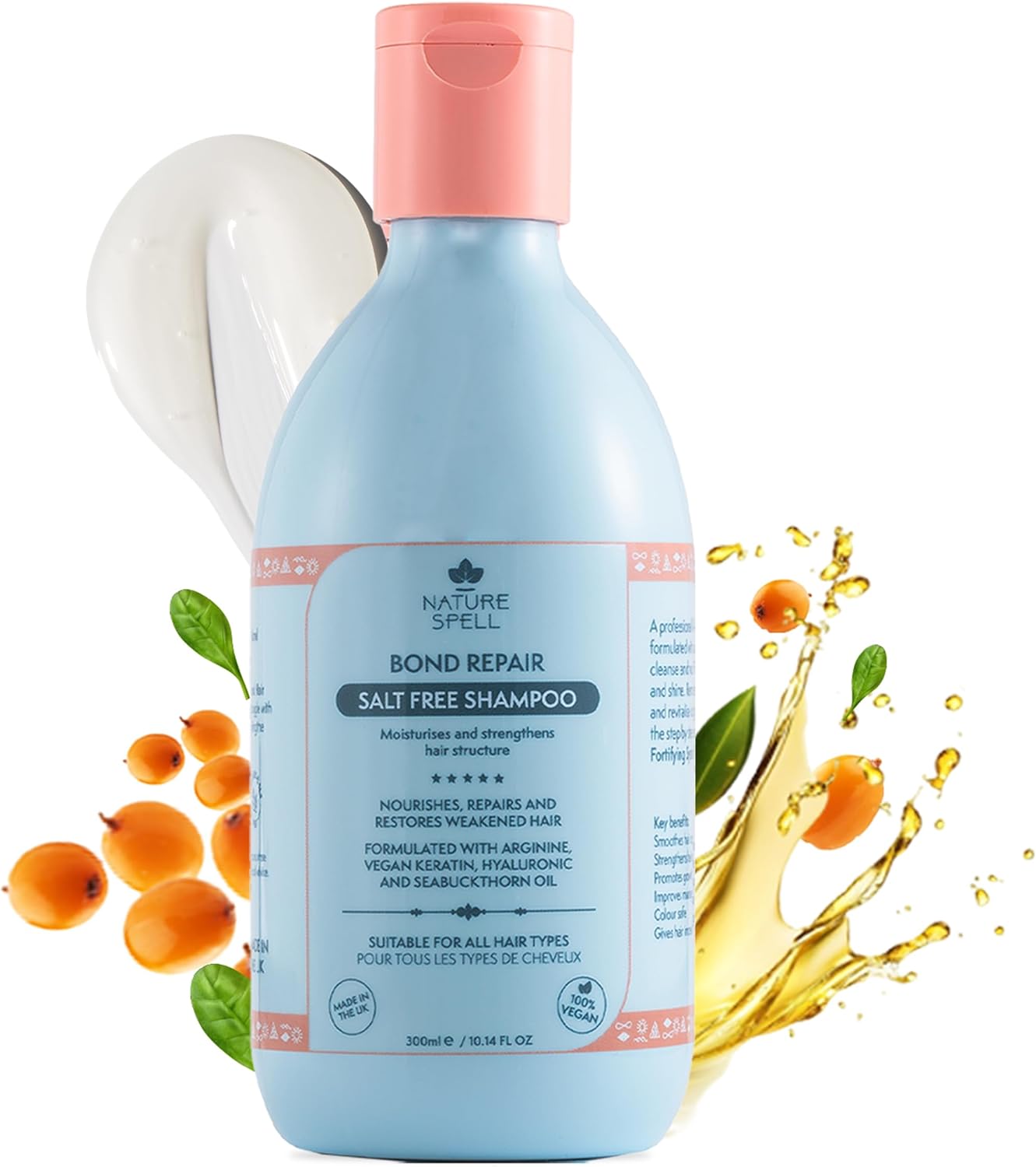 Nature Spell Bond Repair Shampoo, Protecting and Repairing Damaged Hair, Enriched with Arginine, Keratin and Hyaluronic Acid, Vegan, 300ml