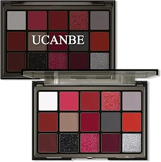 UCANBE Red Eyeshadow Makeup Palette, 15 Colors Burgunry Gray Silver Shimmer Matte Glitter Metallic Eye Shadow Pallet, Pigmented Make Up Kit for Halloween Parties Christmas Joker Vampire Clown