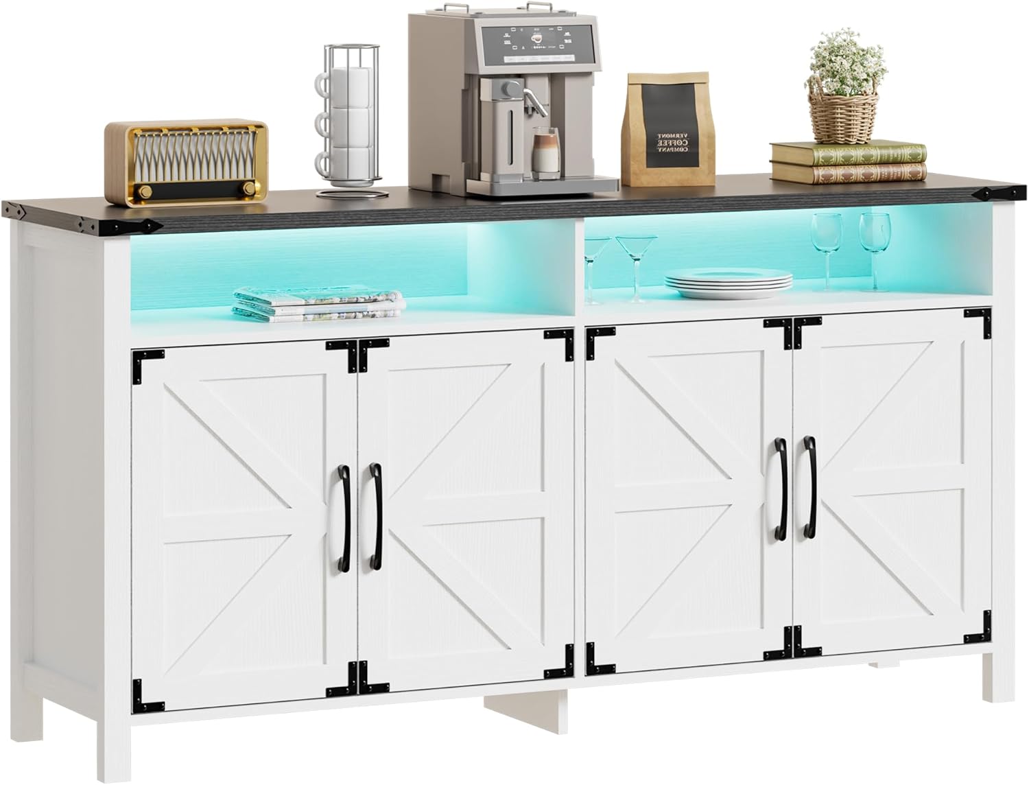 Scurrty Sideboard Buffet Cabinet with Lights, 61" Large Storage Cabinet,Large TV Stand with Storage, Farmhouse Style Buffet with LED, Wood Coffee Bar Cabinet for Dining Room, Kitchen&Living Room