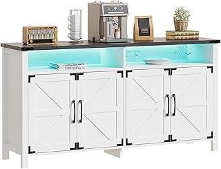 Scurrty Sideboard Buffet Cabinet with Lights, 61" Large Storage Cabinet,Large TV Stand with Storage, Farmhouse Style Buffet with LED, Wood Coffee Bar Cabinet for Dining Room, Kitchen&Living Room