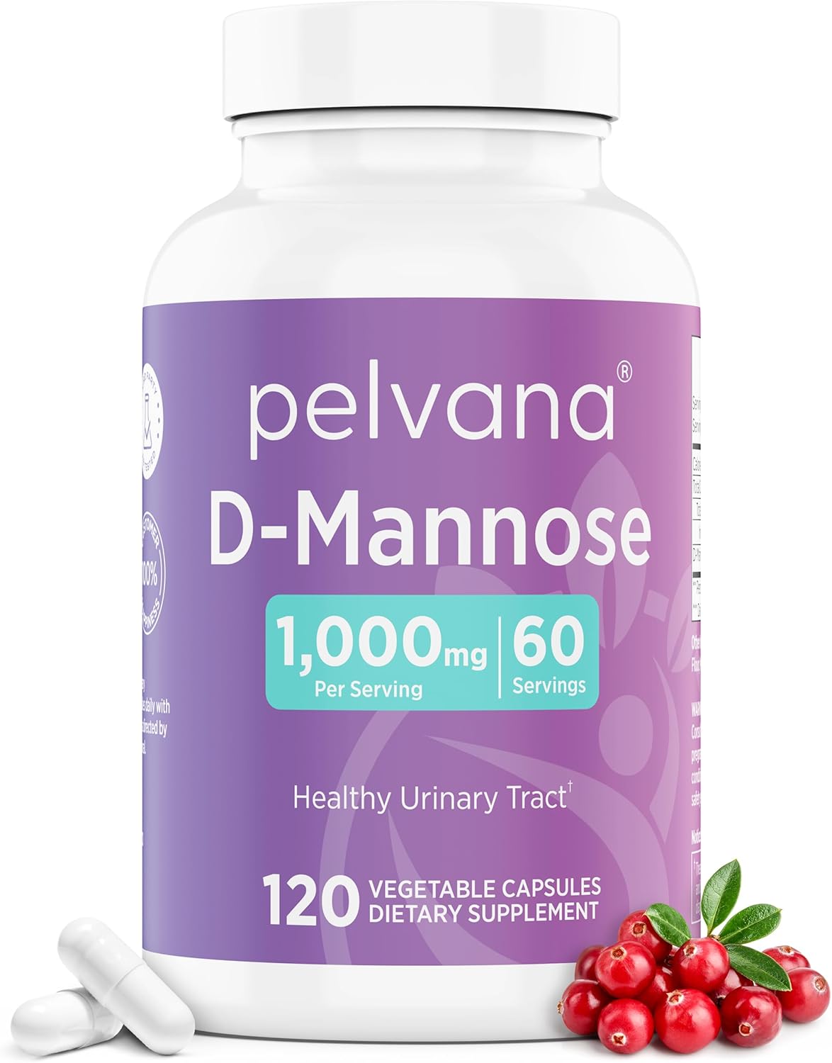 Pelvana D-Mannose 120 Capsules (500mg Each) – 1000mg per Serving – Assists & Maintains Healthy Urinary Tract, Flushes Impurities, Pure Ingredients, Gluten-Free – Third-Party Lab Tested, Made in USA