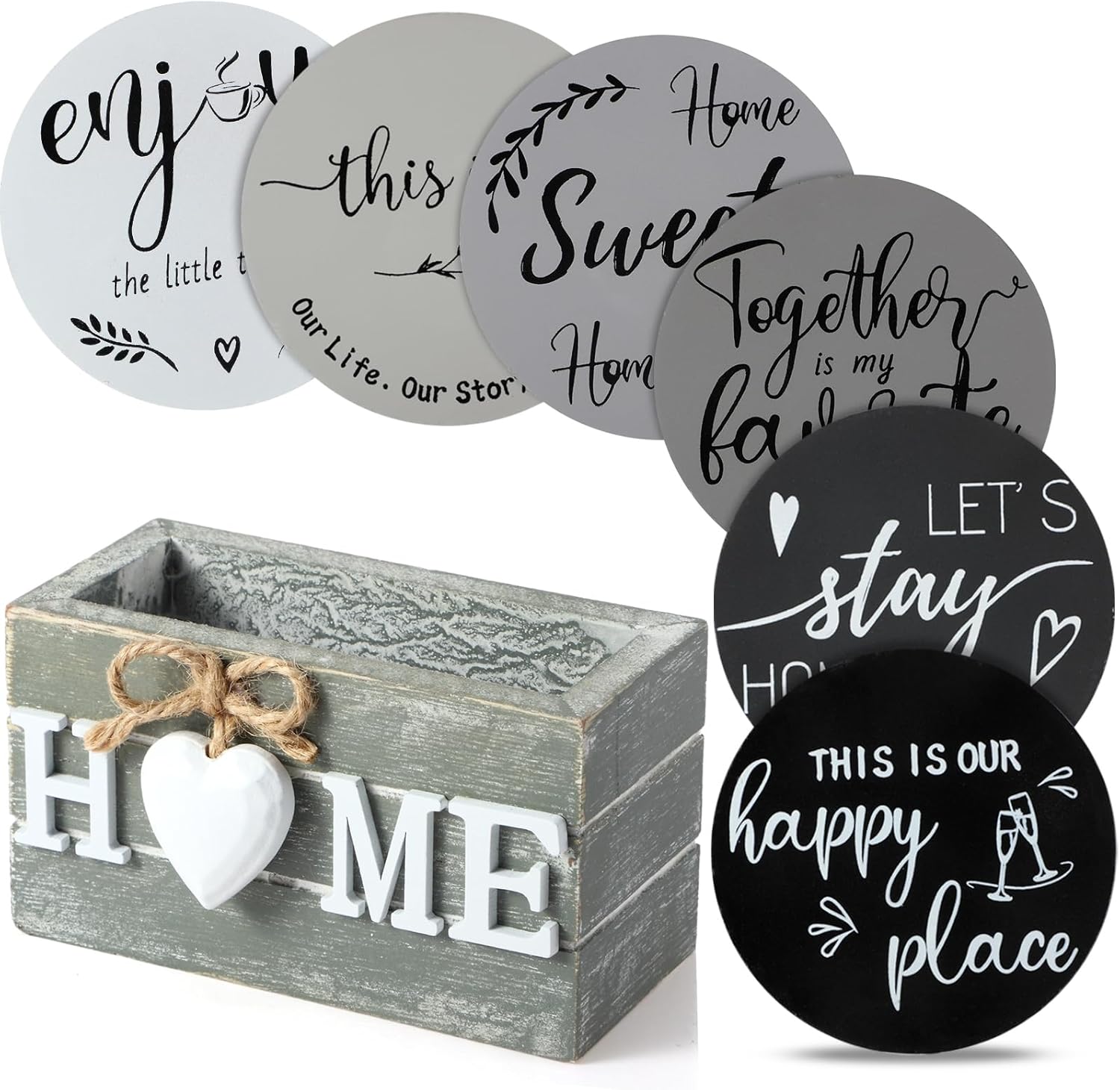 Queekay Housewarming Gifts for Home Decoration Wooden Heart Coasters for Drinks 6 Set Farmhouse Coasters with Holder Funny for Family Coffee Table Protection, 4''(Gray, Black,Home)