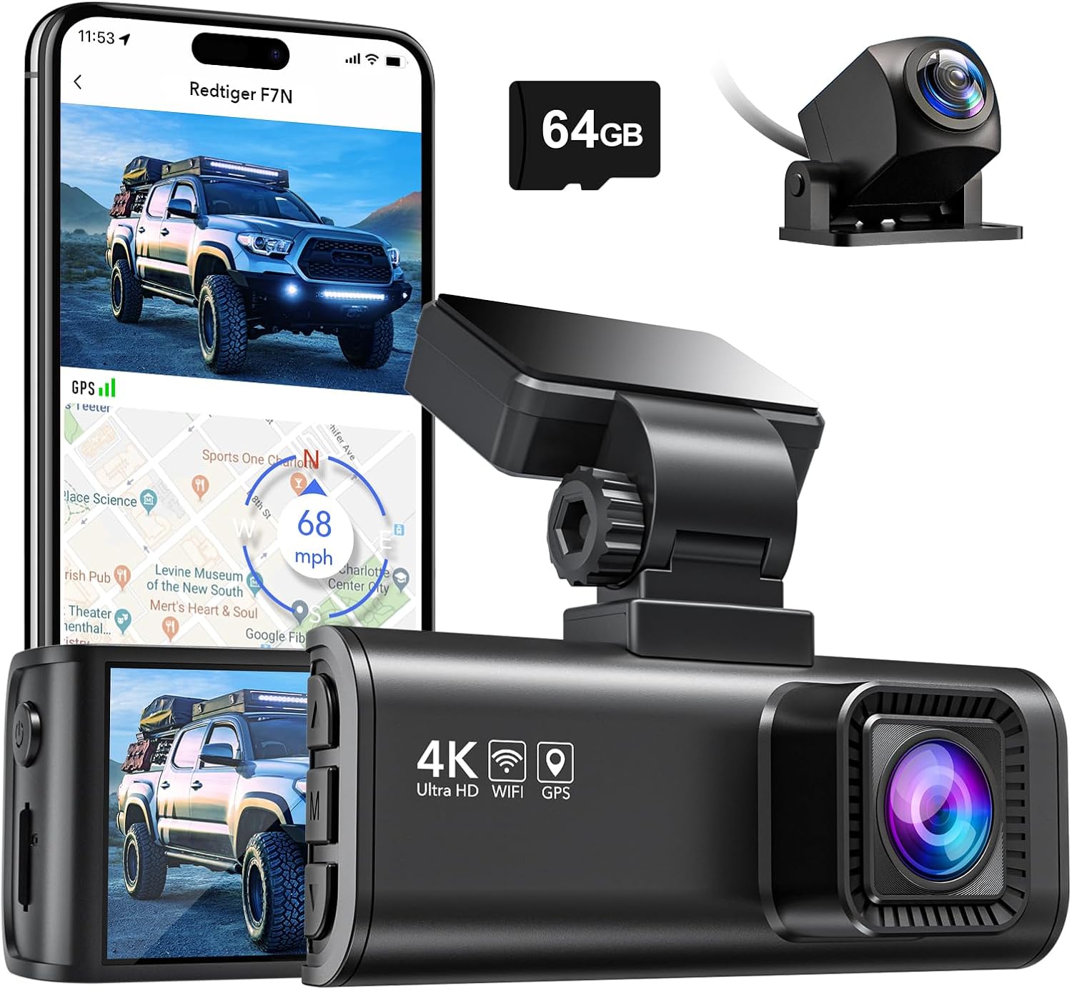 REDTIGER F7N 4K Dash Cam Front and Rear,Built-in WiFi GPS 4K+1080P Dual Dash Camera for Cars,3.18 inch Display Dashcam,170° Wide Angle Dashboard Camera Recorder, Night Vision,Parking Monitor