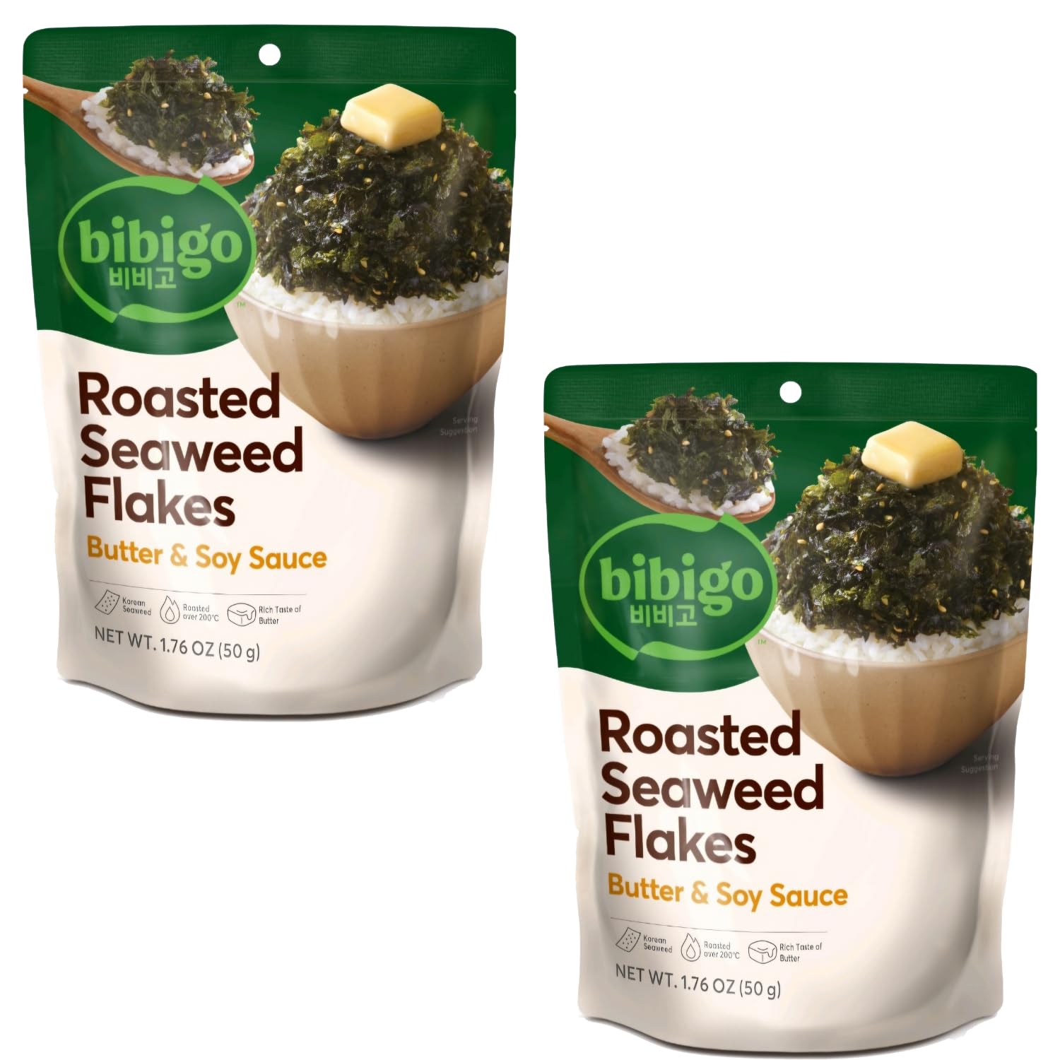 CJ Bibigo Korean Roasted Sweet and Savory Seaweed Flakes with Butter and Soy Sauce - 2 Pack (50g each)