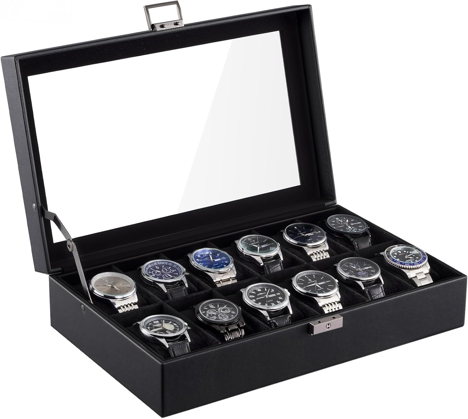 ProCase 12 Slot Watch Case Box for Men, PU leather Man Watch Organizer with Soft Pillow, Lockable Watch Collection Storage Holder with Glass Display Lid, Fathers Day Gift for Dad -AllBlack