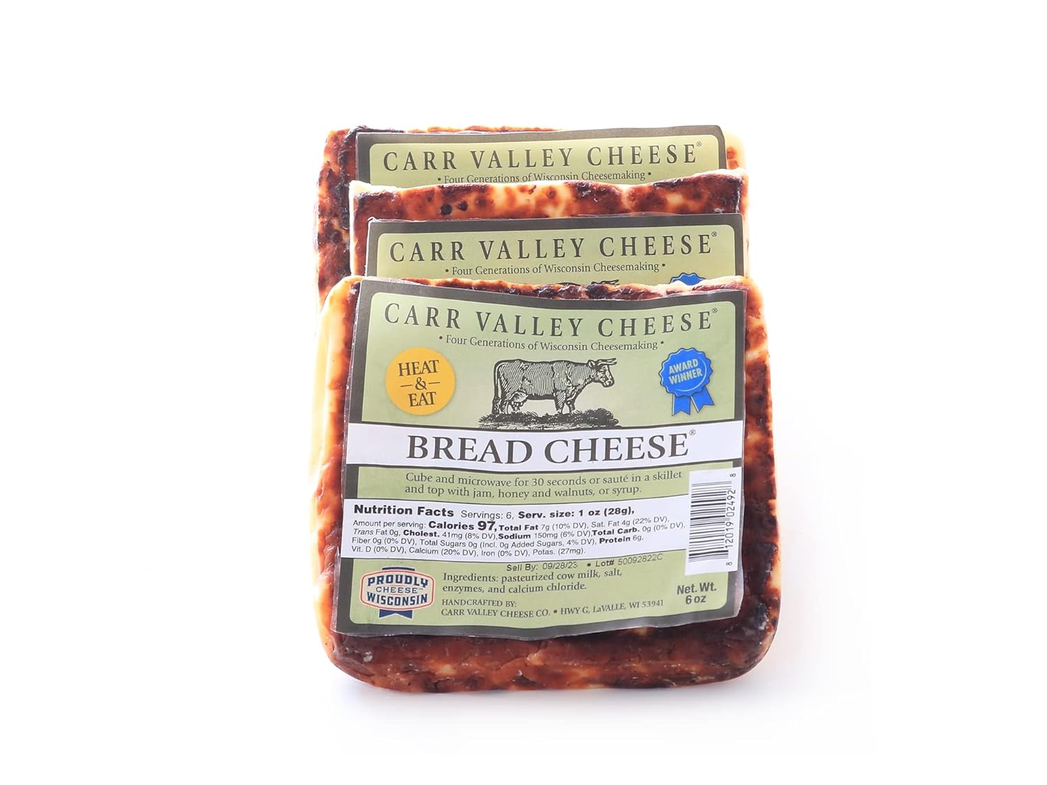 Carr Valley Bread Cheese® 3-Pack | (3) 6 oz Pieces | Authentic Wisconsin Heat & Eat Grilling Cheese (Original)