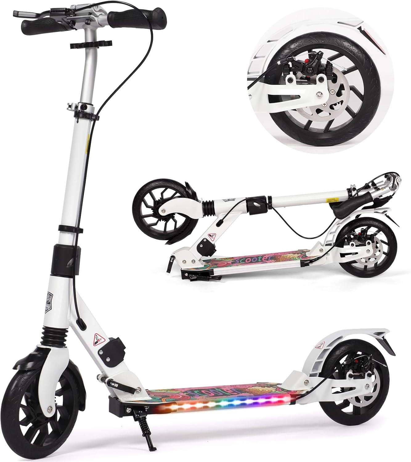 Kick Scooter for Teens & Adults, 200mm Big Wheels Foldable Scooter for Kids Ages 8-12, Adult Scooters with LED Light-Up Deck, 4-Height Adjustable, Disc Brakes