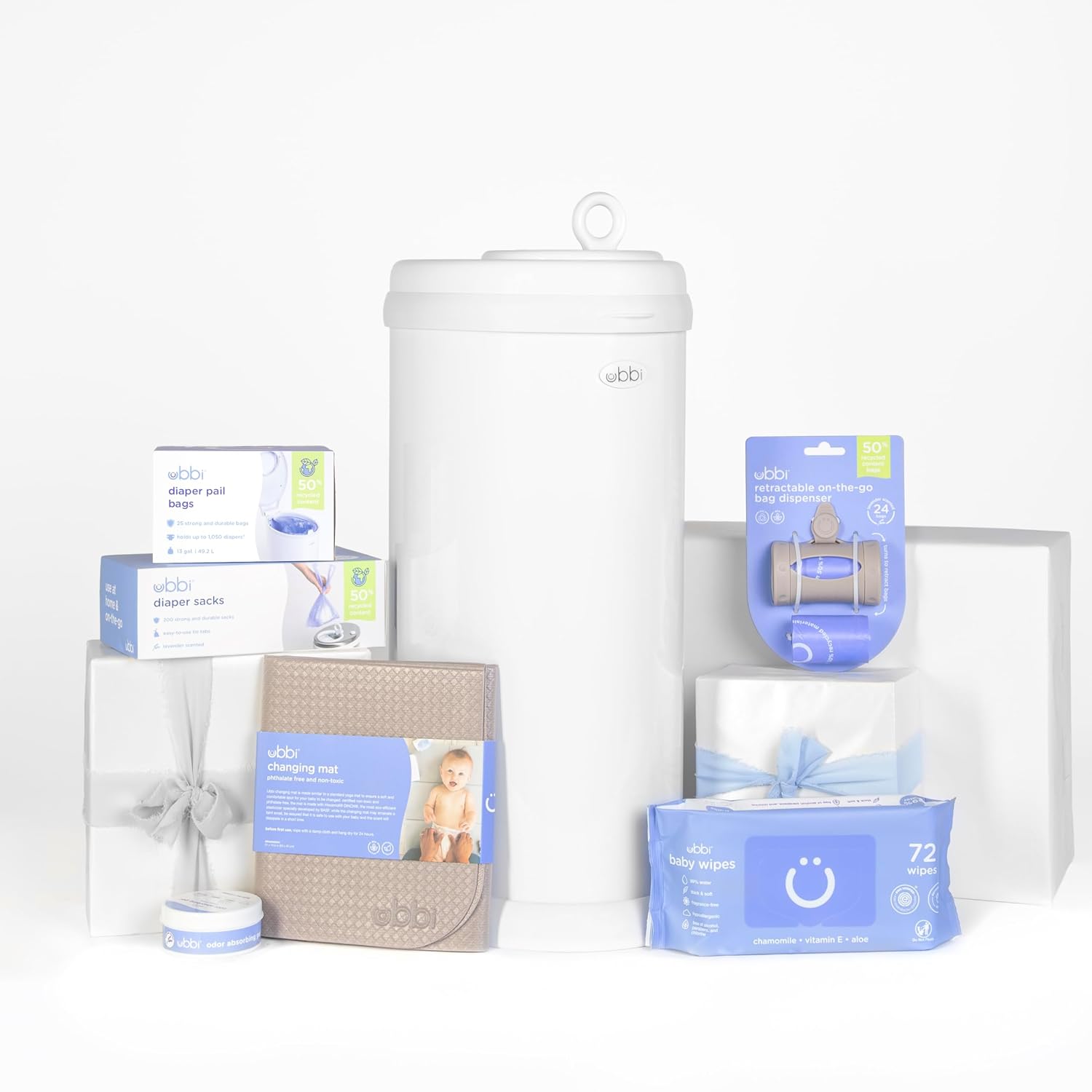 Ubbi Diaper Changing Value Gift Set with Diaper Pail, Bags, Wipes & Mat | Stainless Steel Diaper Pail Gift Set, Odor Locking, No Special Bag Required, Nursery Changing Essentials