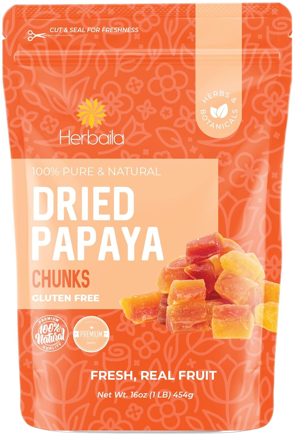Herbaila Dried Papaya Chunks, 1 Pound. Dried Papaya Fresh, Paw Paw Tree Diced Papaya Fruit, Lightly Sweetened. All Natural, Non-GMO, 16 Ounces.