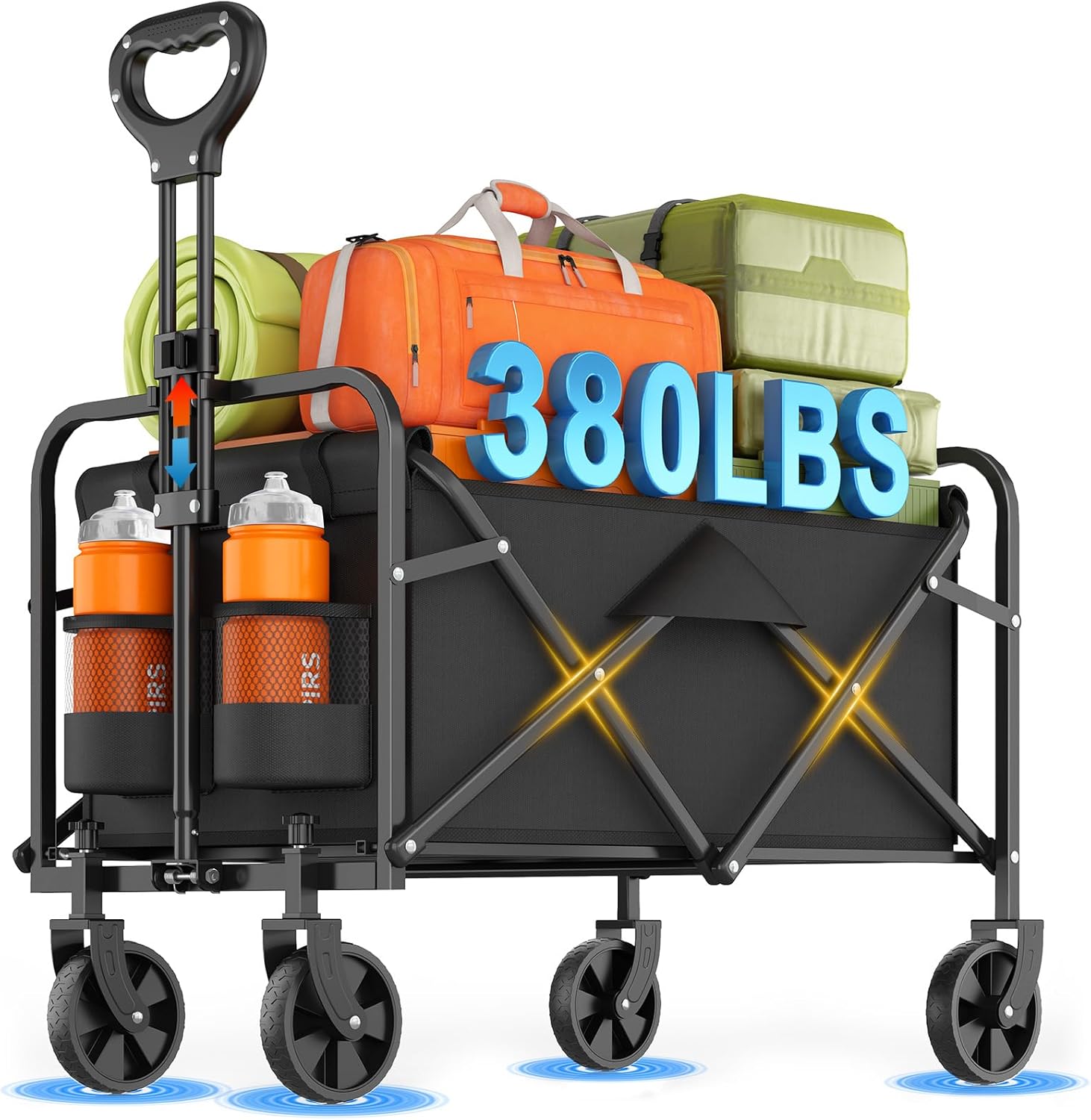 Heavy-Duty Collapsible Wagon Cart, Foldable Utility Cart with Extra Large Capacity and Drink Holders for Shopping, Camping, Grocery, Sports