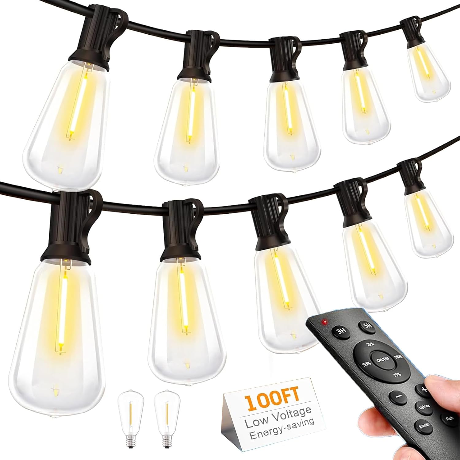 Outdoor String LED Patio Lights - 100Ft 30M Outside Waterproof Light with Remote Dimmable ST38 Shatterproof Bulb Connectable Hanging Outdoor Electric Lighting for Backyard Yard Gazebo Porch Party