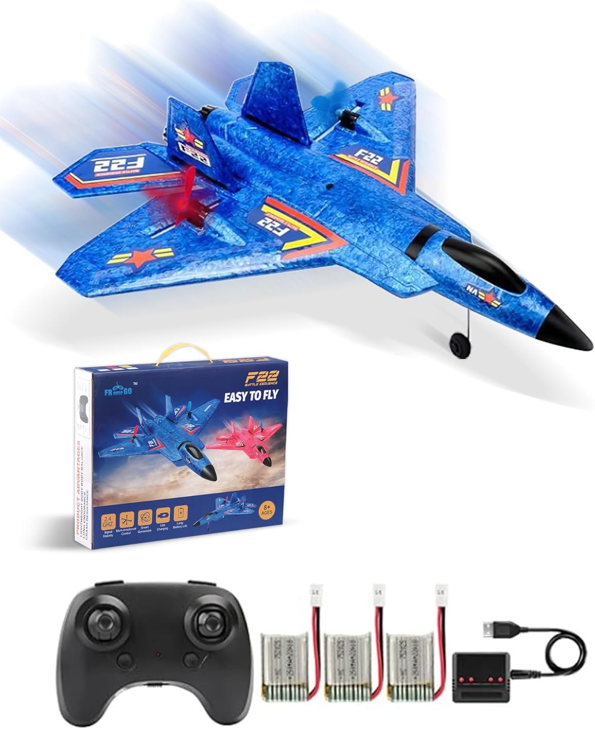Remote Control Plane F-22 Raptor, 2.4GHz Rc Airplane with Smart Gyro/LED Lights/3 Rechargeable Batteries, Foam RC Jet Glider Gift for Kids Boys Girls Beginners (Blue)