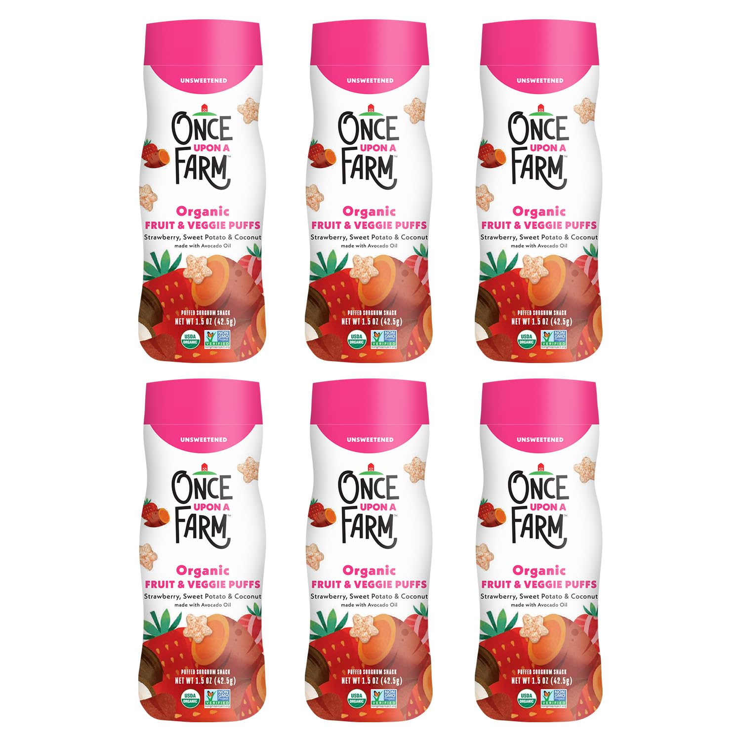 Once Upon A Farm Strawberry, Coconut & Sweet Potato Puffed Sorghum Snack, Fruit & Veggie Puffs, Non GMO, 1.5 Ounces (Pack Of 6)