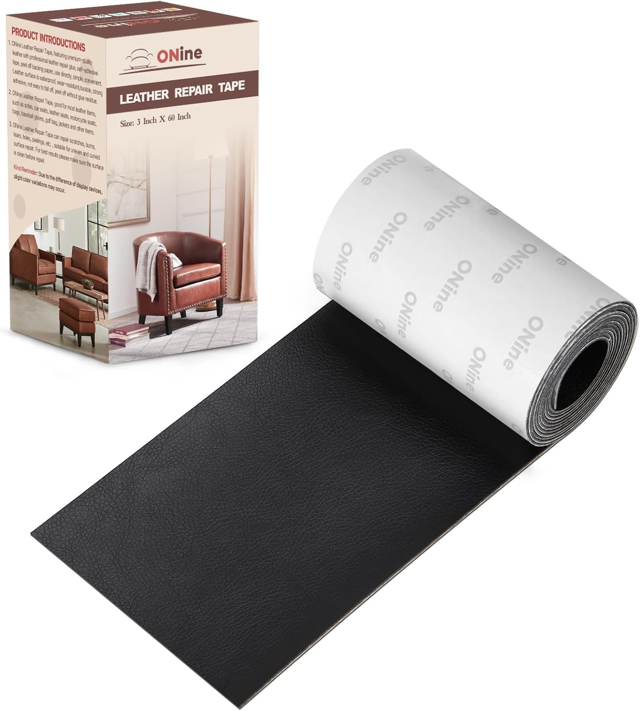 ONine Leather Repair Tape,Self Adhesive Leather Repair Patch,Leather Patches for Furniture,Sofa,Car Seats,Office Chair. Vinyl Repair Kit 3x60in (Black)