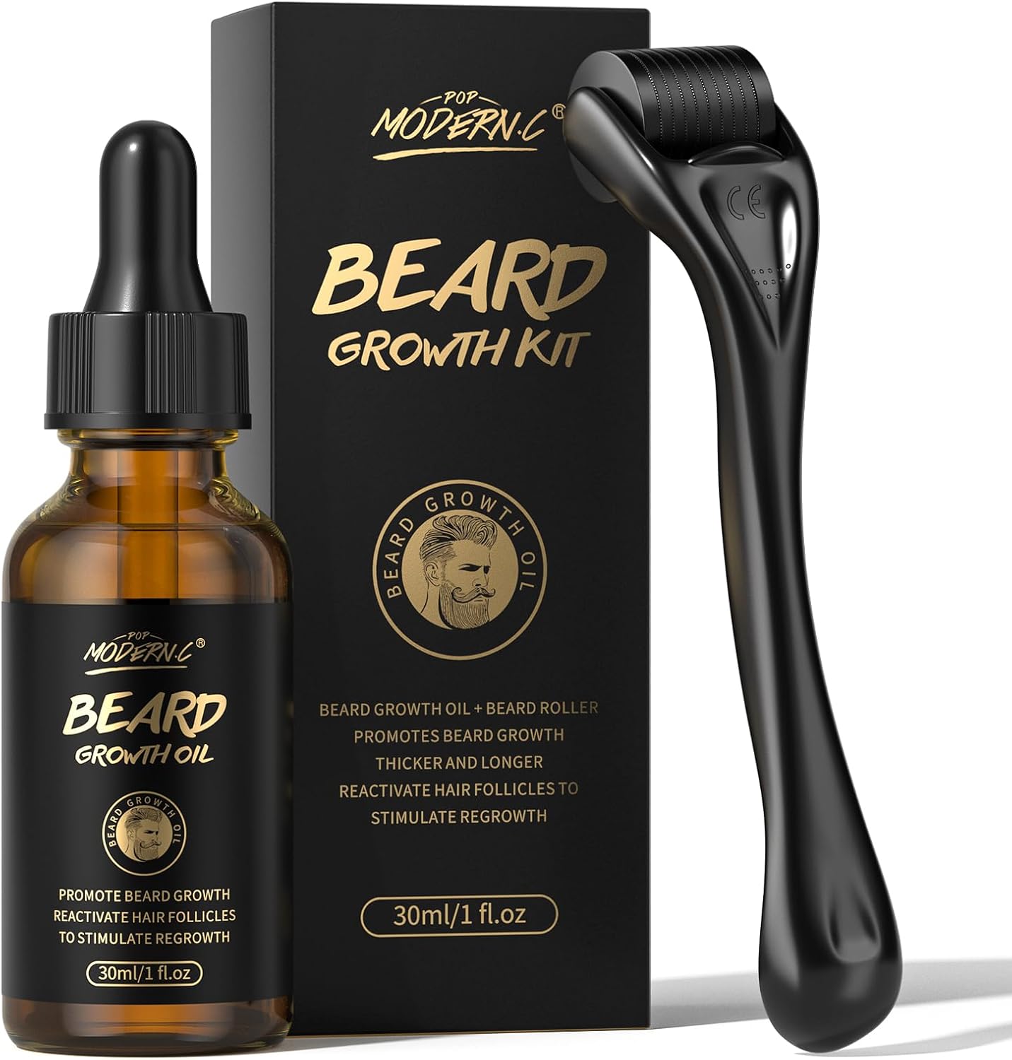Beard Growth Kit - Biotin Beard Growth Oil with Roller for Promote Hair Regrowth - Beard Serum for Facial Hair Treatment Masculine Thick, Rapid Growth & Thickening Grooming Kit, Gifts for Him 1 Fl Oz