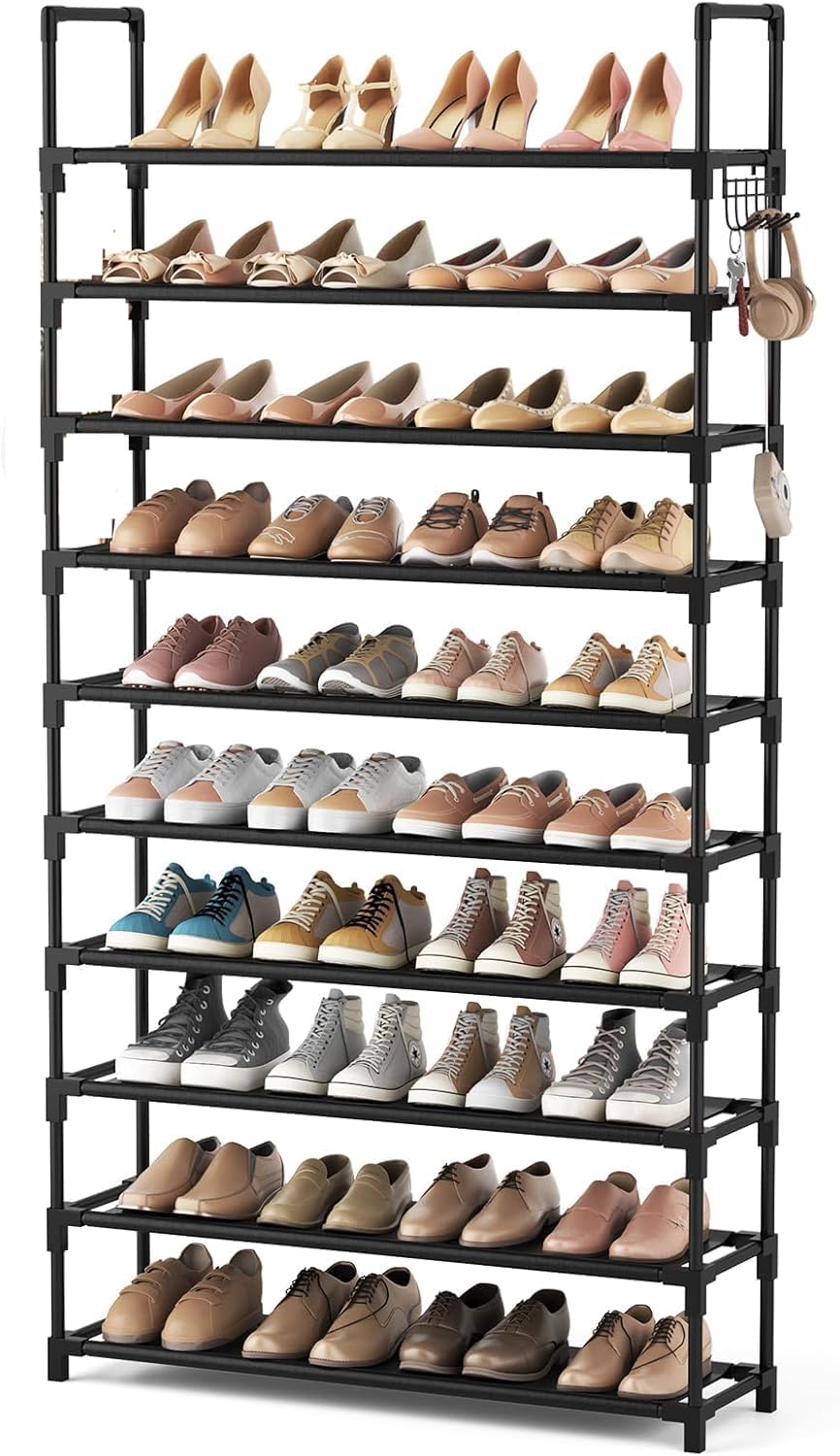 Shoe Rack, 10 Tier Shoe Storage Organizer with Hooks,Fit 40 Pairs Shoes,Metal Tall Shoe Shelf for Closet,Entryway,Garage,Bedroom,Cloakroom