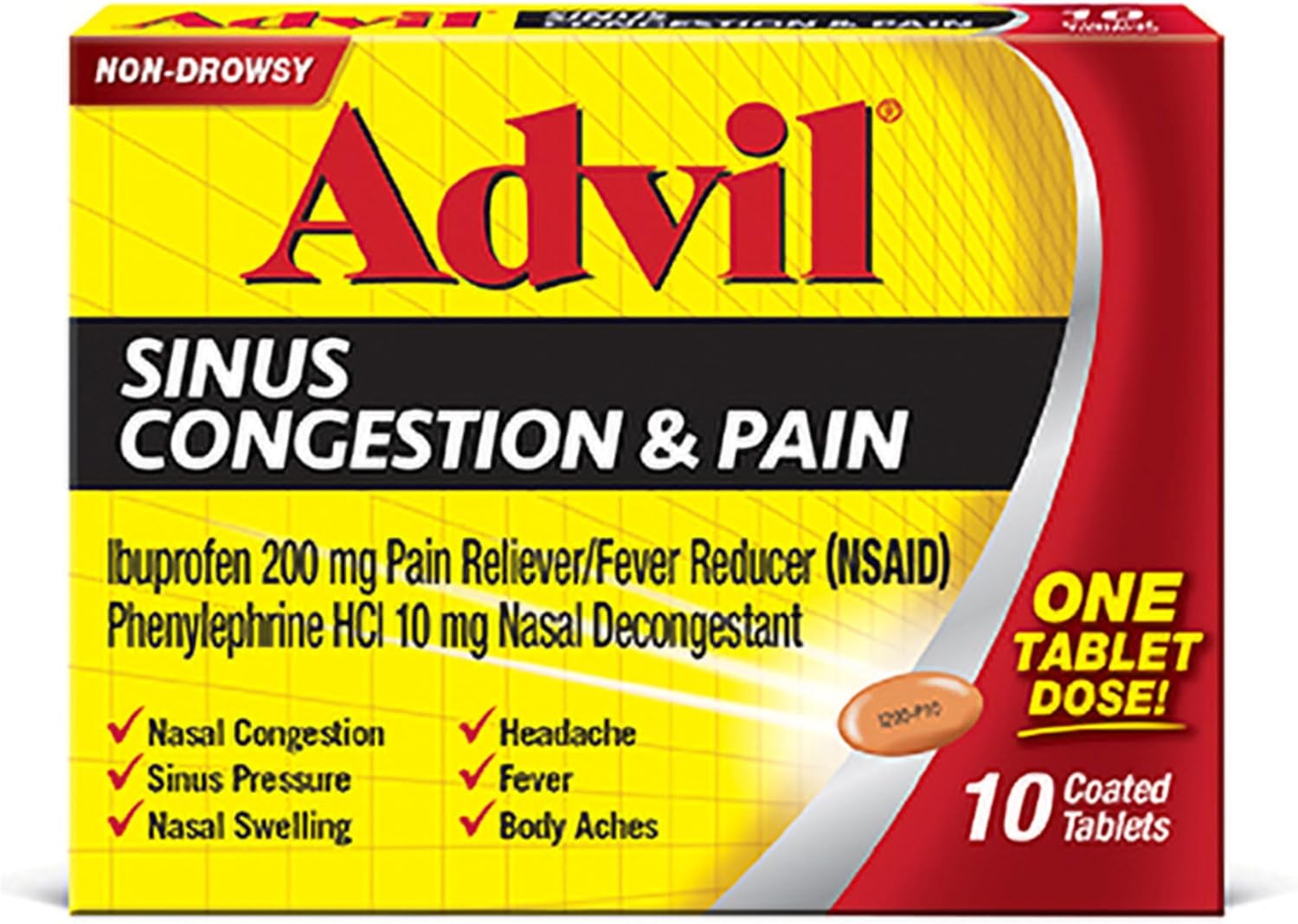 Advil Sinus Congestion and Pain, Sinus Relief Medicine, Pain Reliever and Fever Reducer with Ibuprofen and Phenylephrine HCl - 10 Coated Tablets