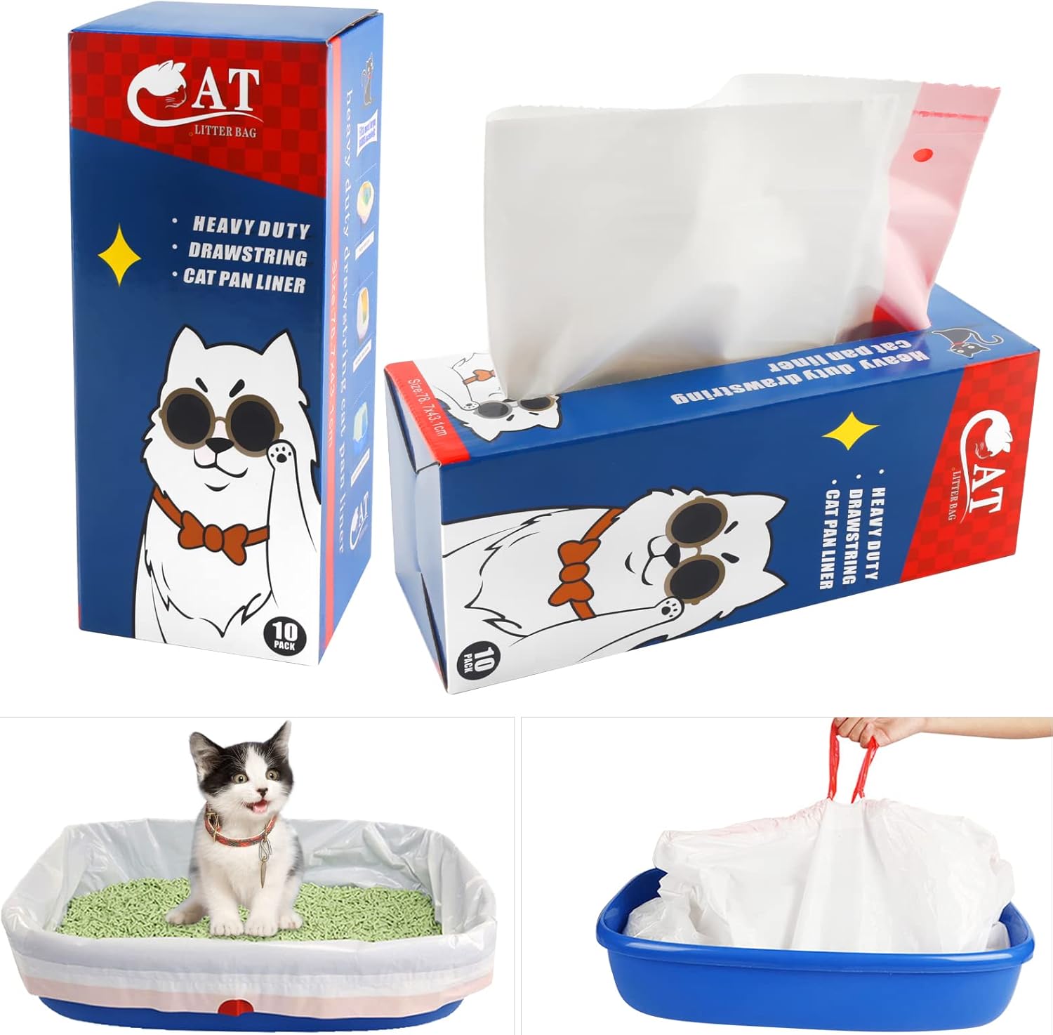 10 Pcs Litter Tray Liners, Cat Litter Tray Liners Scratch Resistant Bags, Thickened Cat With Drawstrings, Cat Litter Bags for Ordinary or Large (91.4x48.3cm)