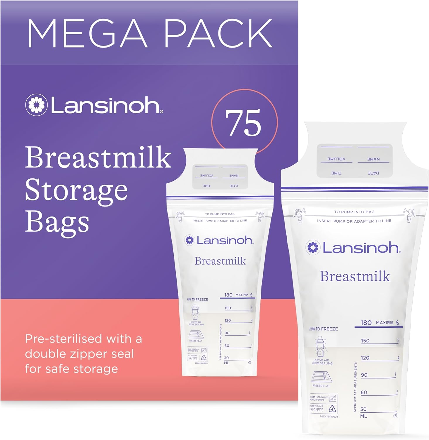 Lansinoh Breast Milk Storage Bags Breastmilk Pouches for fridge or freezer use, store flat or standing, BPA and BPS free, pre-sterilised, double zipper seal, Pack of 75