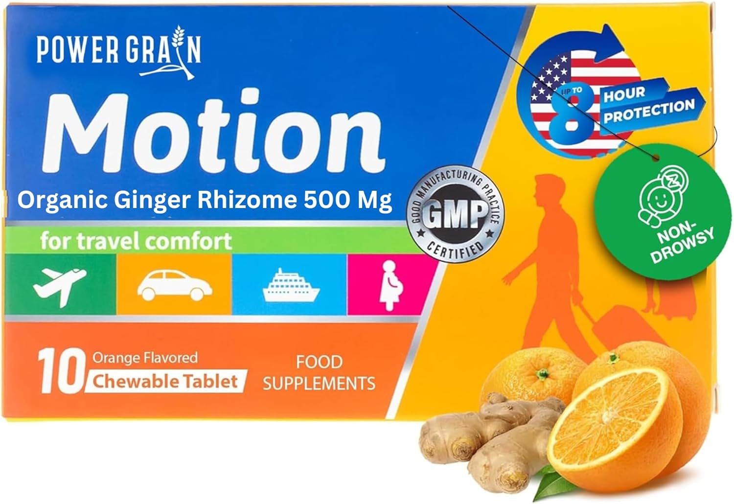 Travel & Motion Sickness Tablets - 500mg Chewable Ginger Rhizome Tablets - Non-Drowsy Nausea & Vomiting Relief - 10 Tablets (Orange)