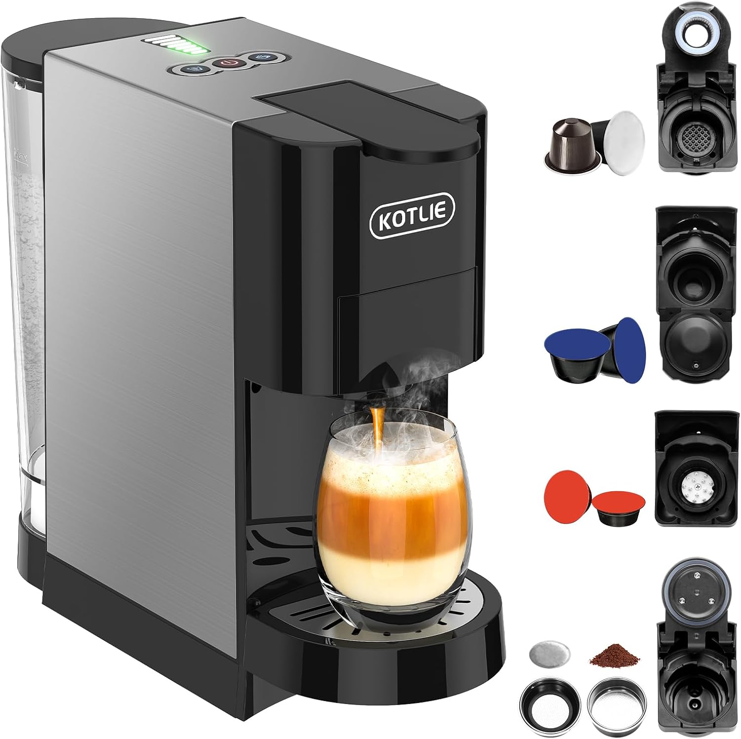 5 in 1 Espresso Single Serve Coffee Machine for Nespresso Original/Dolce Gusto/Mio/L’OR/Ground Capsule and ESE Coffee Pods,19Bar Multi-Capsule Coffee Machine (AC-513HF) (BLACK-HF)