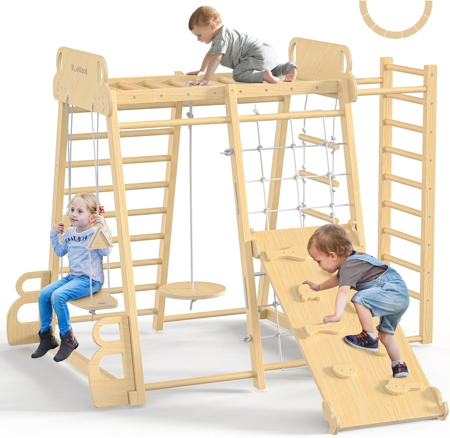 Upgraded Indoor Jungle Gym 9-in-1 Playground Kids Climbing Toys, Montessori Philosophy Waldorf Style Wooden Climber Playset with Slide, Swing, Monkey Bars, Upright/Rope Ladder, Climb Net, Natural Wood