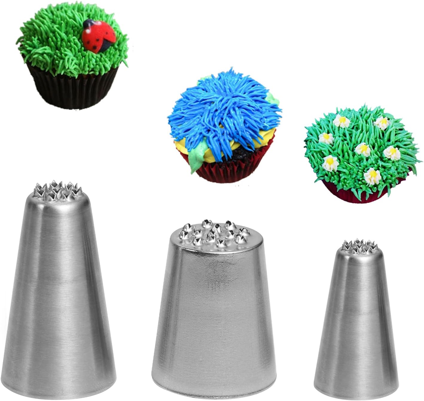 3 PCS Grass Cake Piping Nozzle, Stainless Steel Grass Icing Tips for DIY Cake Decorating Baking Cookie Cream Cupcake
