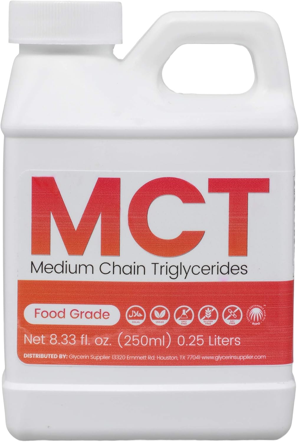 MCT Oil - 250mL (8.33 Oz.) Sustainable Palm Derived - USP Food Grade - Non GMO - Halal - for Sports Nutrition, Keto or Paleo Diet, Clean Energy, Extracts