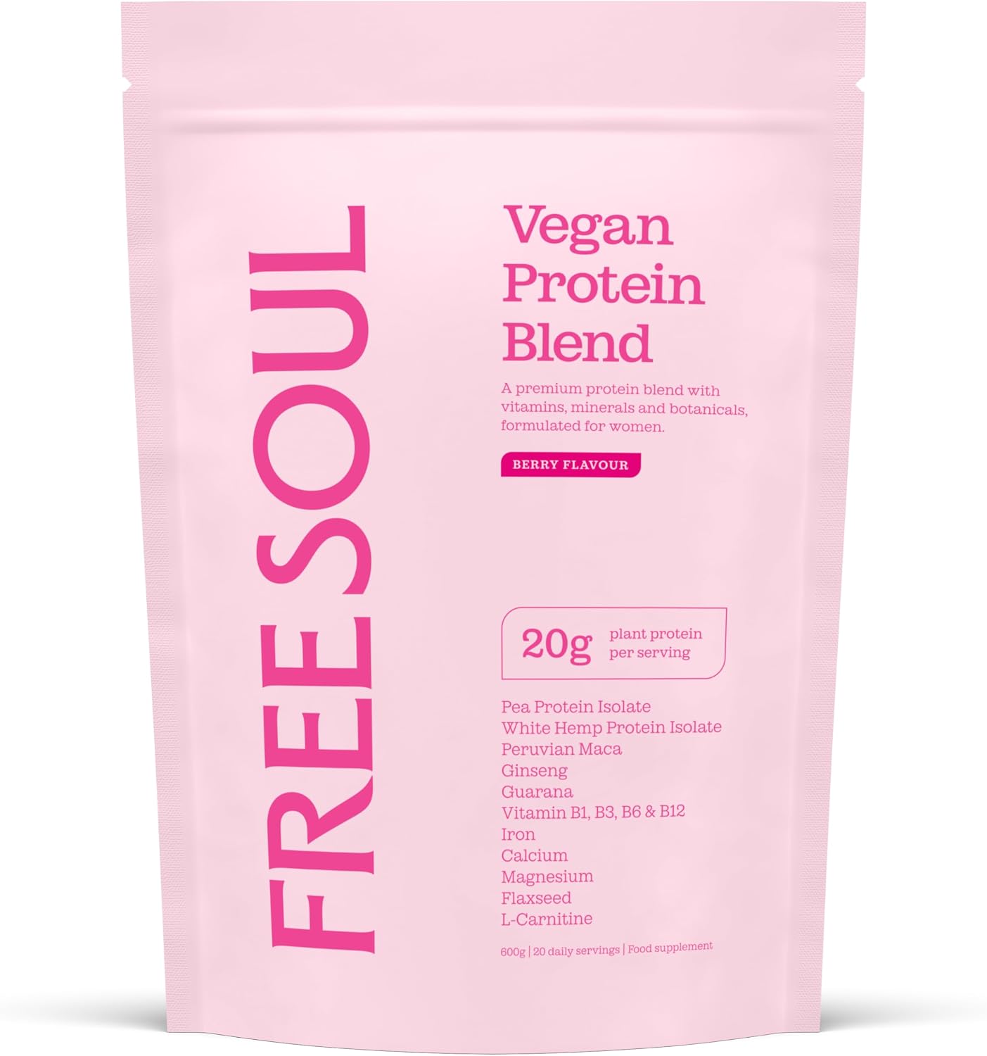 Free Soul Vegan Protein Powder | Formulated for Women | 600g | 20g Protein with Added Nutrients | Gluten & Soy Free Plant-Based Nutrition Shake | Pea & Hemp Isolate Protein | Berry Flavour