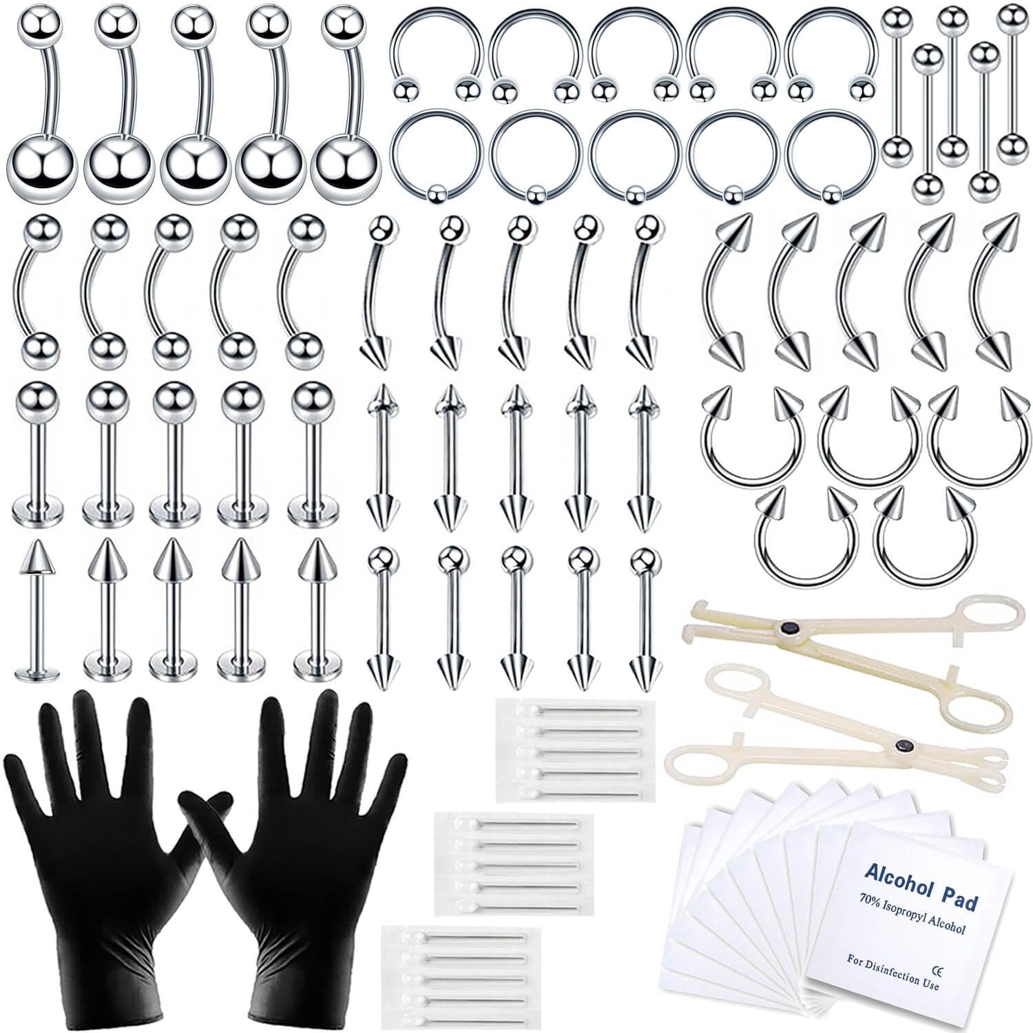 84 PCS Body Septum Piercing Kit 14G 16G Tools for Nose Tongue Lip Ear Eyebrow Belly Button Cartilage Tragus Industrial Barbell Helix Daith Piercing Jewelry Clamps