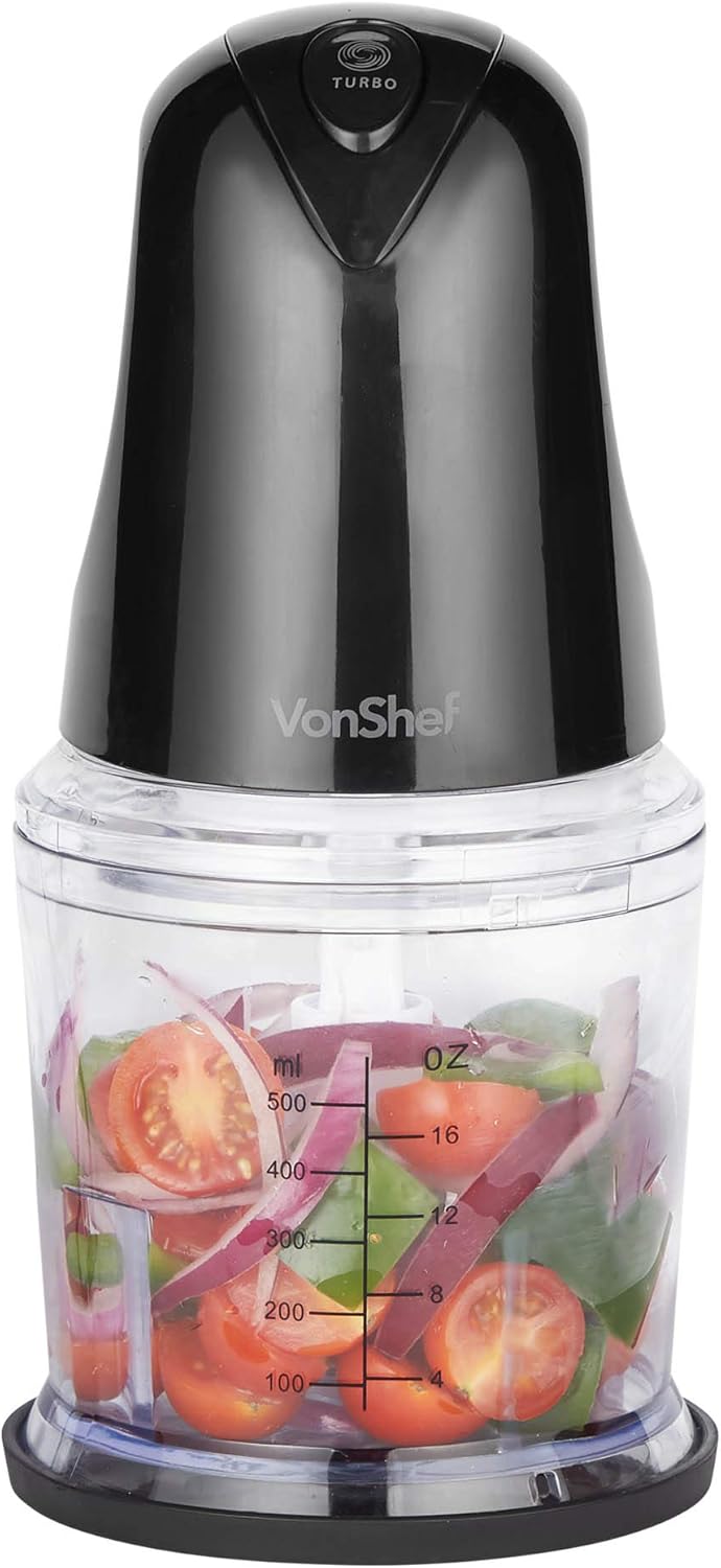 VonShef Mini Chopper 500ml – Electric Food Chopper, Small Food Processor, Vegetable Cutter, Mixer & Dicer, 400W, 2 Speeds, Plastic Bowl & Stainless-Steel Blades, Non-Slip Base – Black