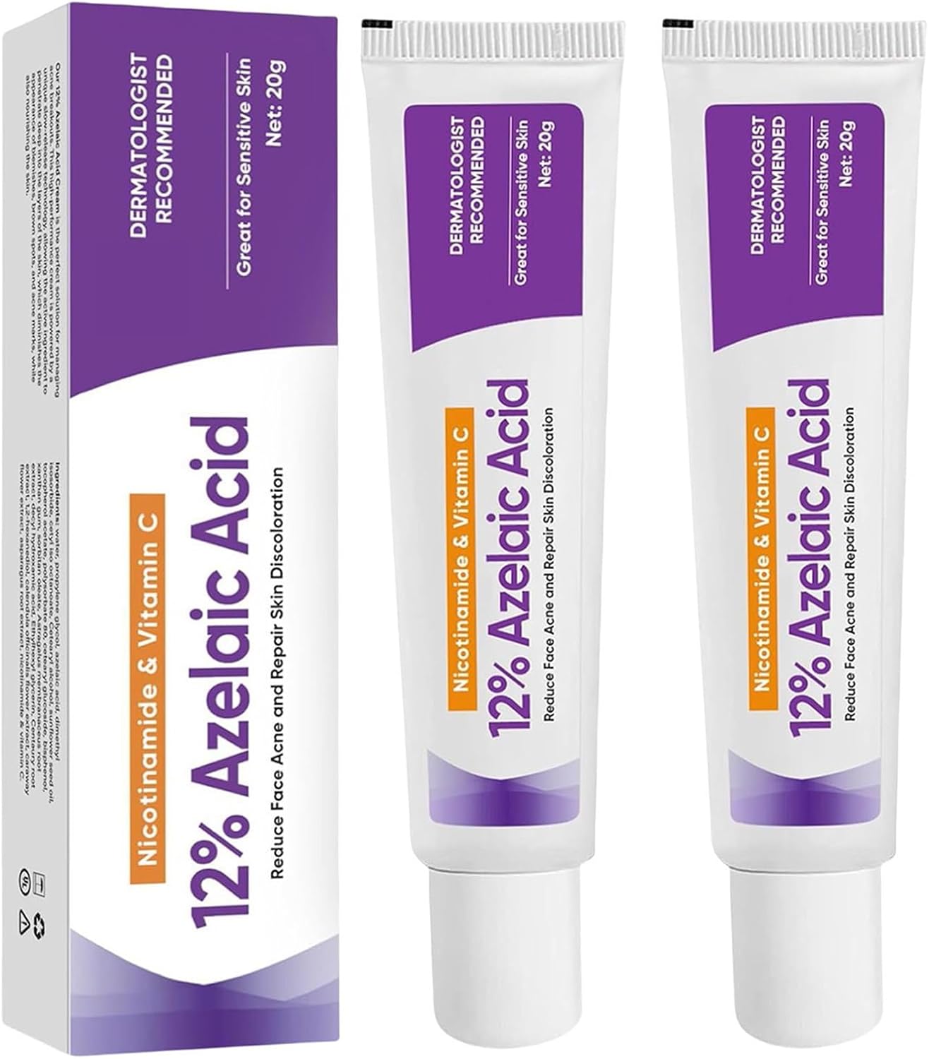 3pcs Azelaic Acid Facial Serum Cream,12% Facial Serum Skin HyaluronicAnd Soothing And Brightening The Skin Tone，With Niacinamide, Vitamin C & Hyaluronic Acid for All Skin Types (40ml (Pack of 2))