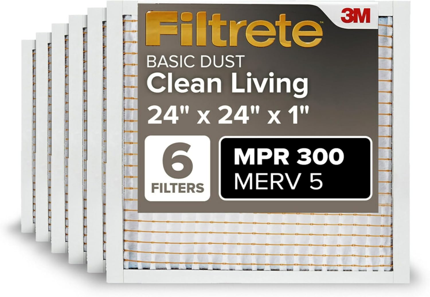 Filtrete 24x24x1 Air Filter, MPR 300, MERV 5, Clean Living Basic Dust 3-Month Pleated 1-Inch Air Filters, 6 Filters