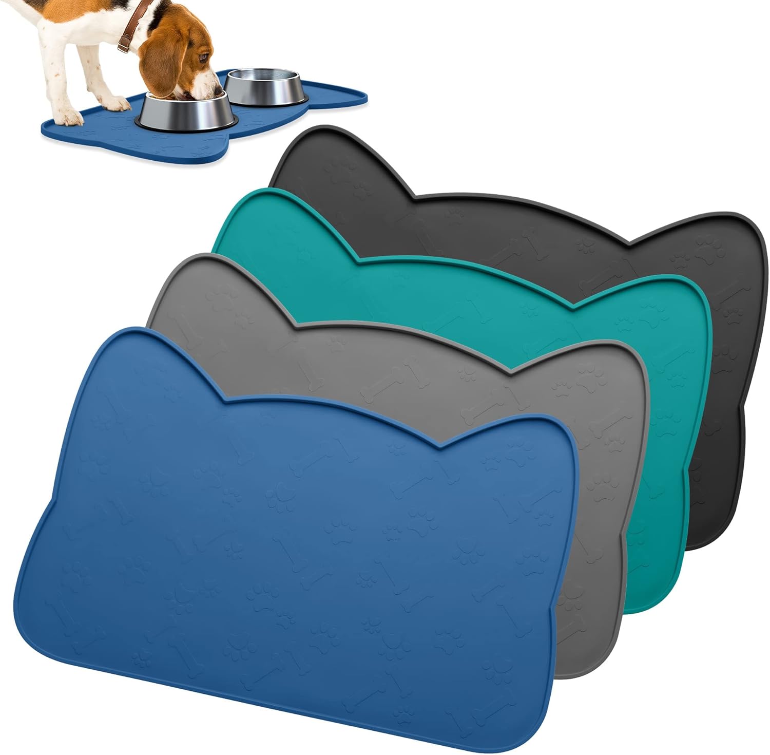 IYYI Cat Food Mat, Silicone Pet Food Mat for Floor, Waterproof Non Slip Pet Feeding Mat, Raised Edge Cat Bowl Mat to Stop Food Spills and Water Messes (Navy+M)