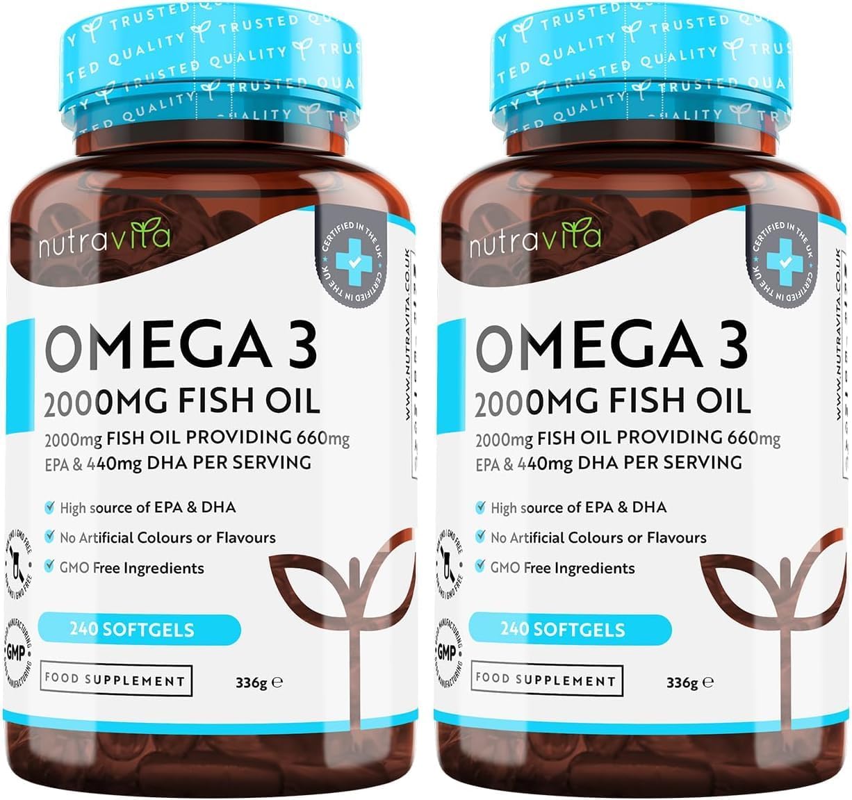 Omega 3 Capsules High Strength 2000mg with 660mg EPA & 440mg DHA, 2 Bottles of 240 Softgel Omega 3 Fish Oil Capsules for 8 Months of Supply, Fish Oil Omega 3 Supplements by Nutravita