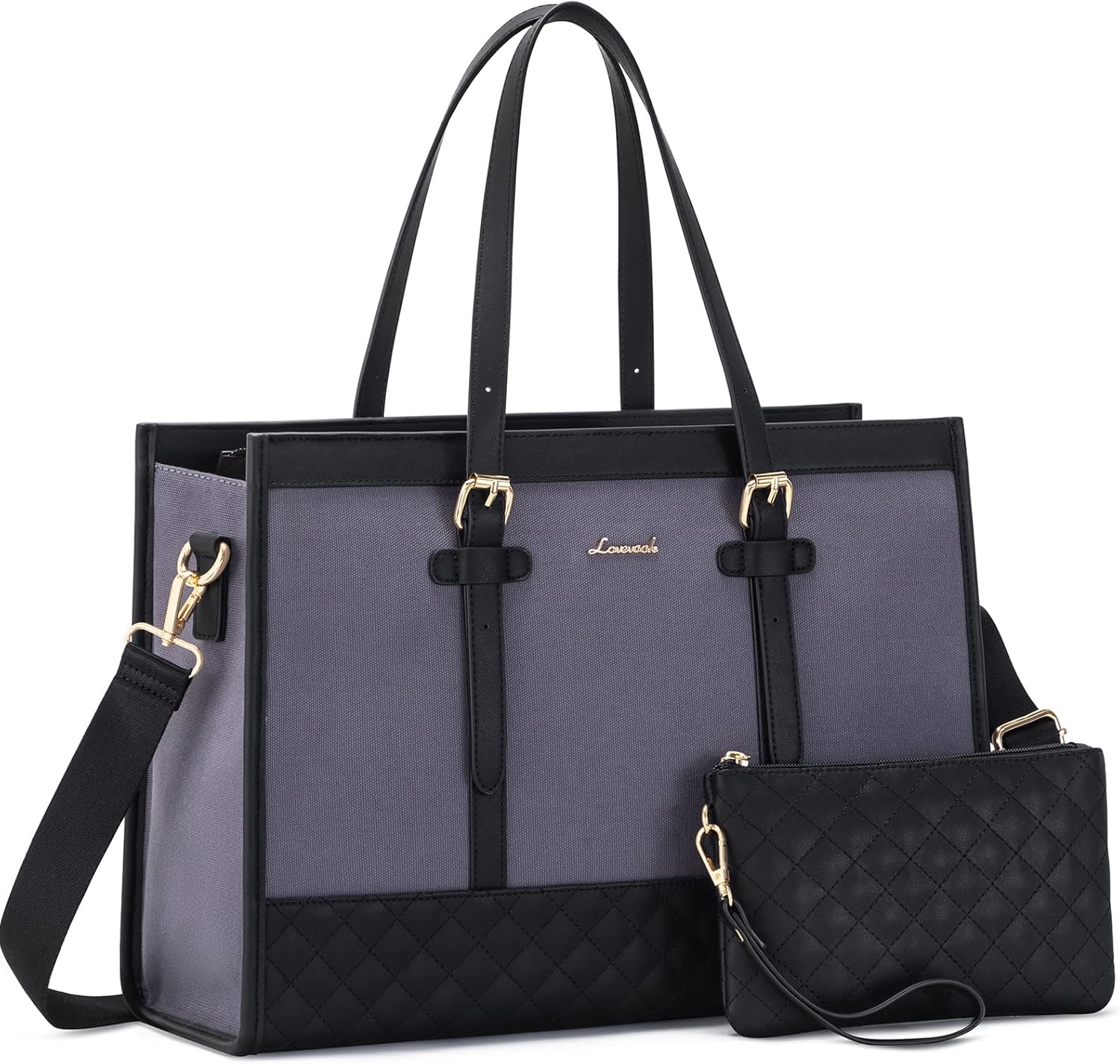 LOVEVOOK Laptop Bags for Women 15.6 Inch with Leather & Canvas, Ladies Handbags for Work Business, Womens Large Tote Bag, Handbag & Shoulder Bag with Clutch for Office College, Grey & Black