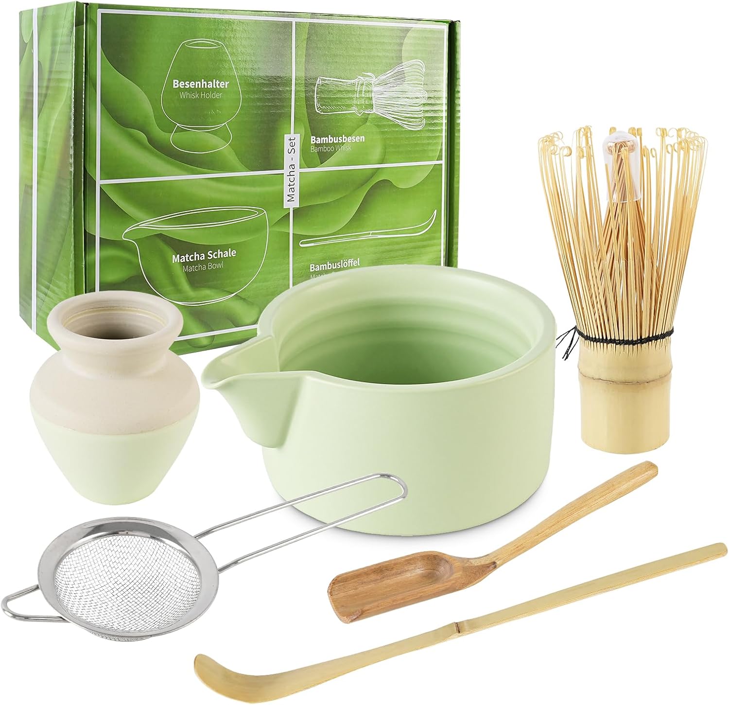 6pcs Matcha Whisk Set, Japanese Tea Set, Matcha Bowl with Spout, Whisk, Scoop, Spoon, Holder Matcha Starter Kit for Tea Drinking, Gift for Friend Family