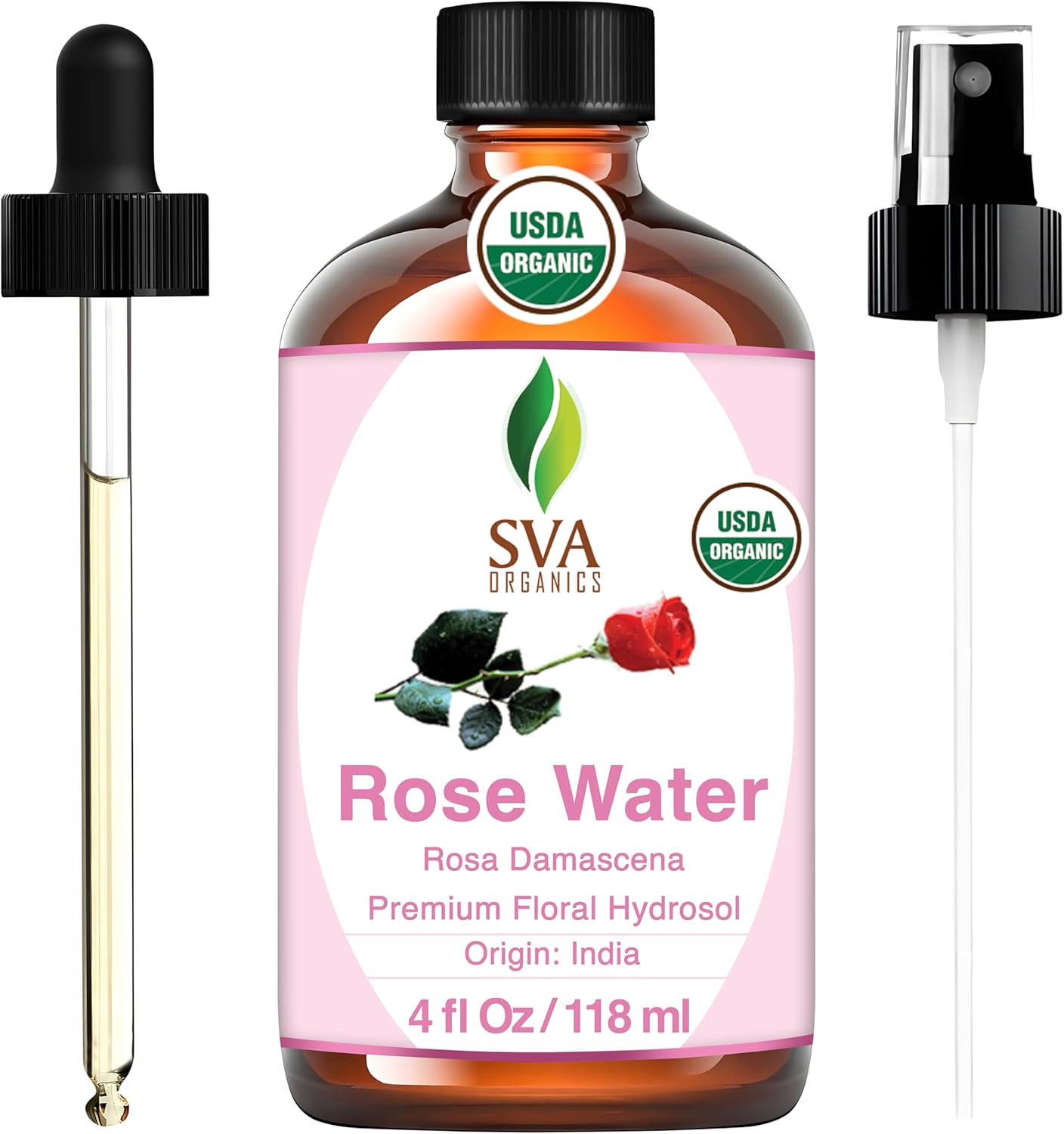 SVA Organics Rose Water 4oz (118 ml) Refreshing Rose Water Spray for Skin Care, Skin Hydration, Bath, Soaps, Haircare & Aromatherapy