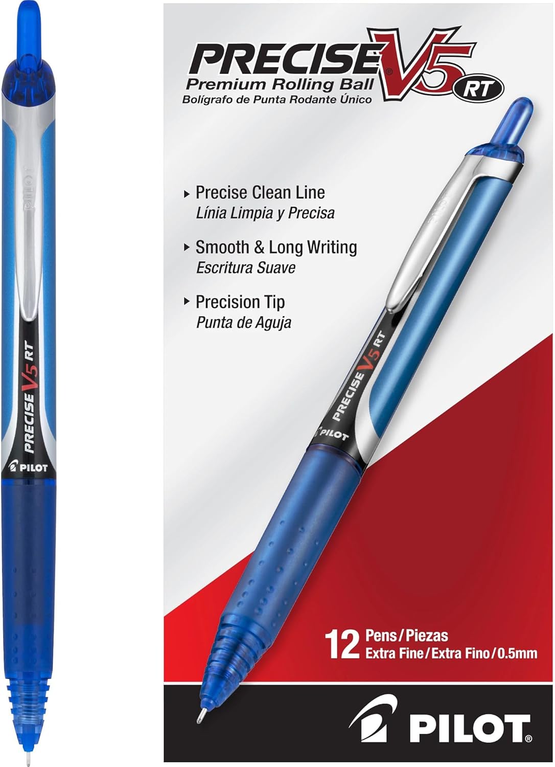 Pilot, Precise V5 RT Refillable & Retractable Rolling Ball Pens, Extra Fine Point 0.5 mm, Blue, Pack of 12