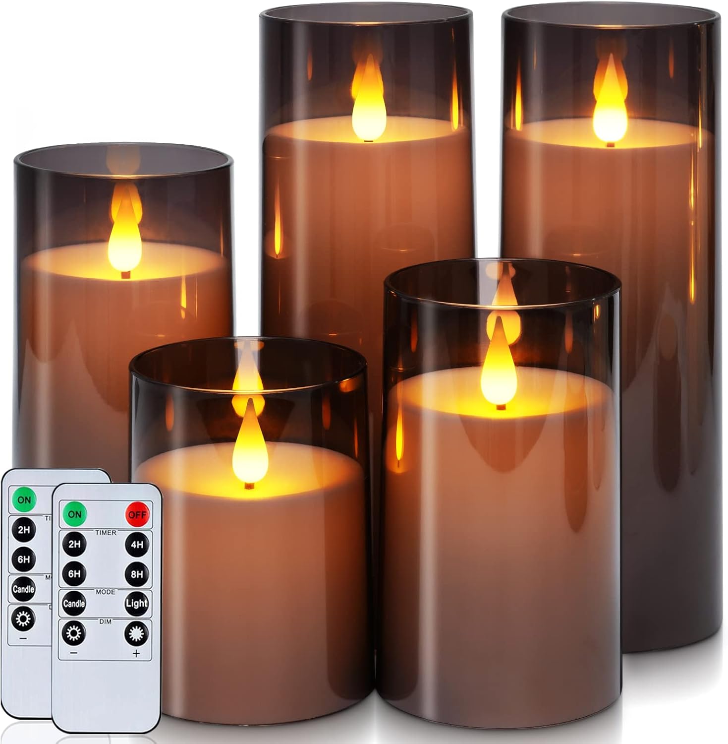 Homemory Gray Flickering Flameless Candles, Battery Operated Acrylic LED Pillar Candles with Remote Control and Timer, Set of 5