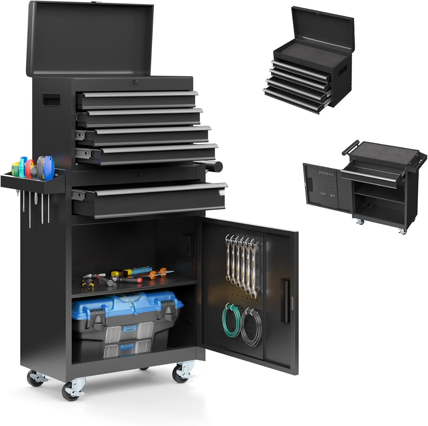 5-Drawer Tool Chest, Rolling Tool Box Organizer with Enhanced Packaging, Lockable Wheels, Detachable Top Tool Box, Metal Tool Storage Cabinet for Garage Workshop, Black