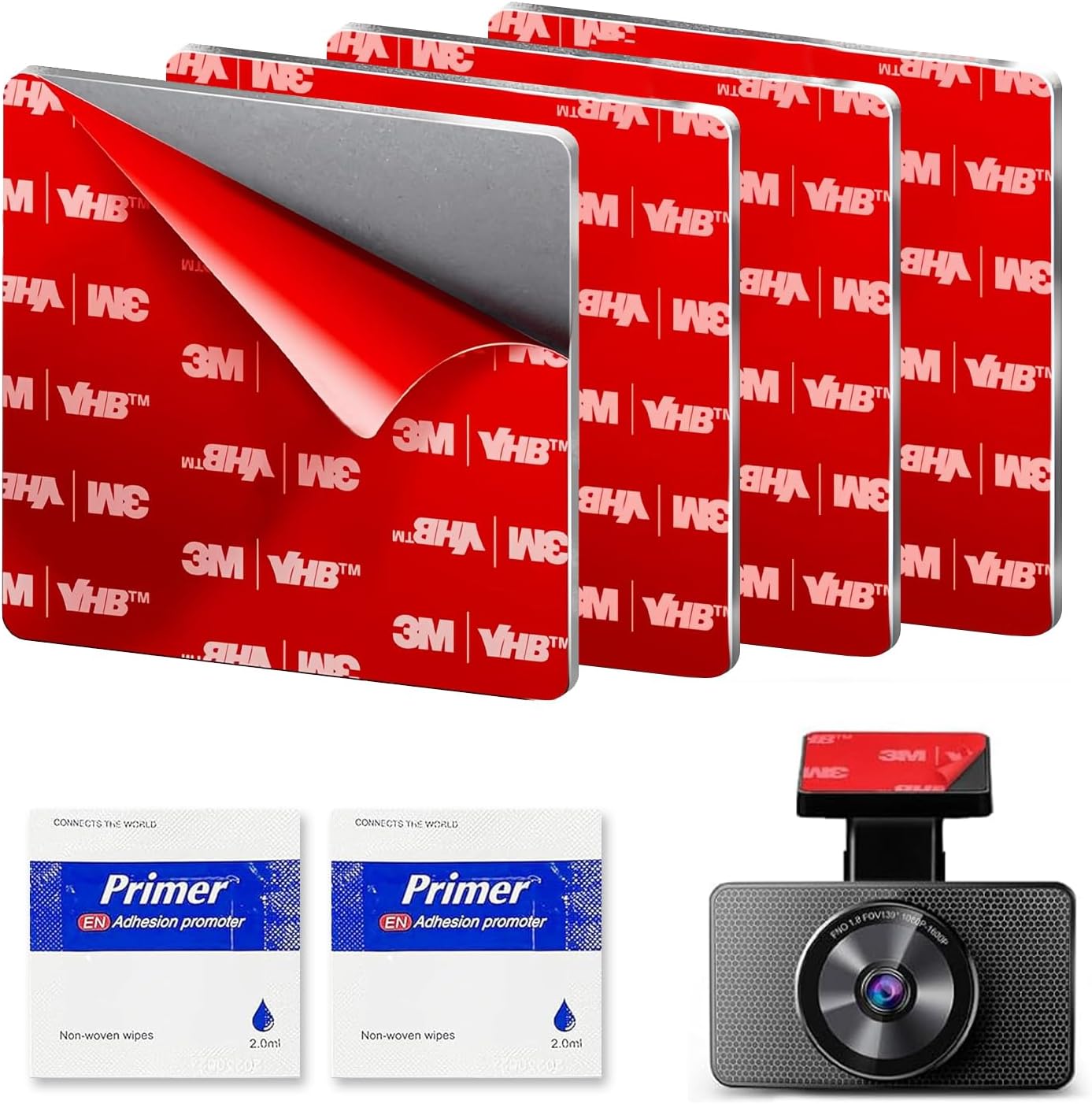 3M Double-Sided Adhesive Pads for Dash Cam Mount, 4PCS 2.84“ Heat Resistant Heavy Duty Sticky Pads for Car Windshield, Dashboard, GPS, EZ Pass and Camera Holders with 2 Adhesion Promoter