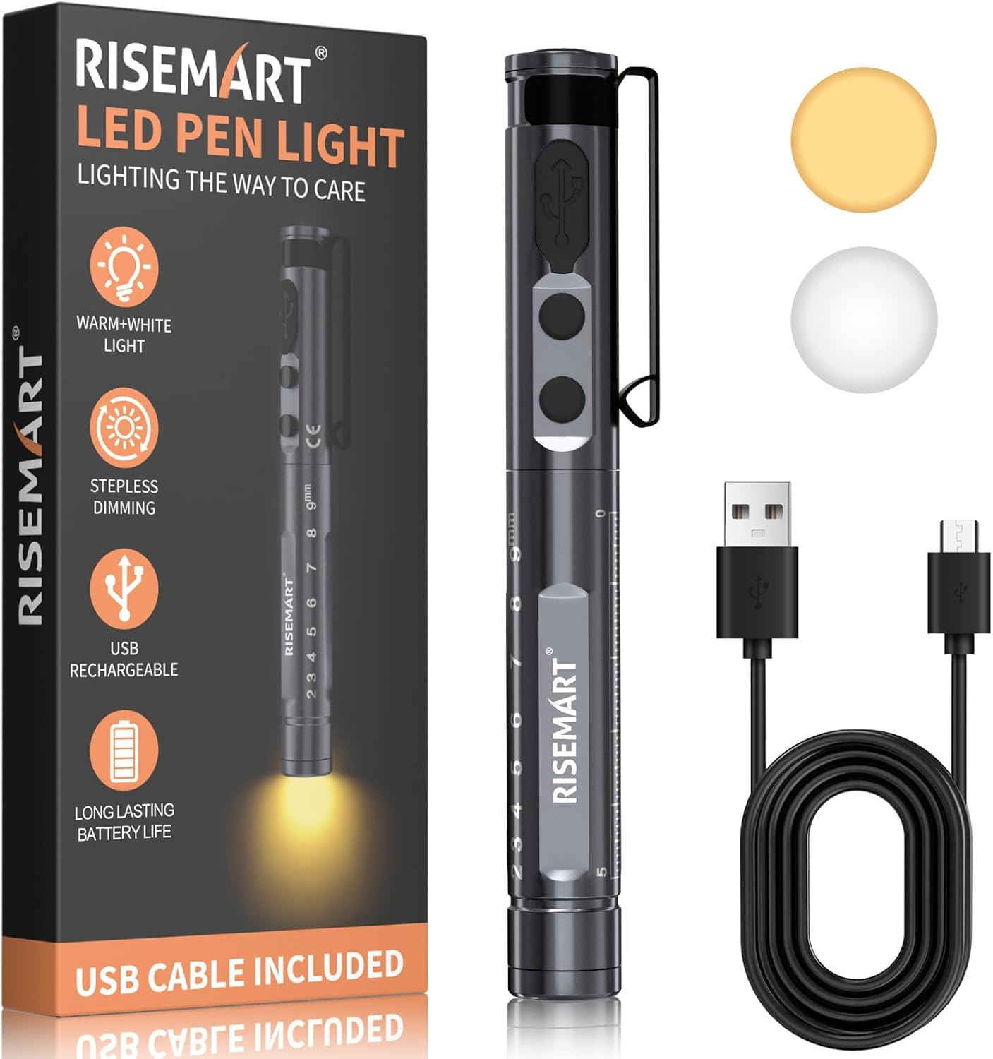 RISEMART Pen Light for Nurse, Rechargeable LED Medical PenLight, Warm/Cool White & Stepless Dimming, Portable Medical PenLight for Nurse, Doctor, First Aid, EMT, Nursing,Nursing Student (Black)